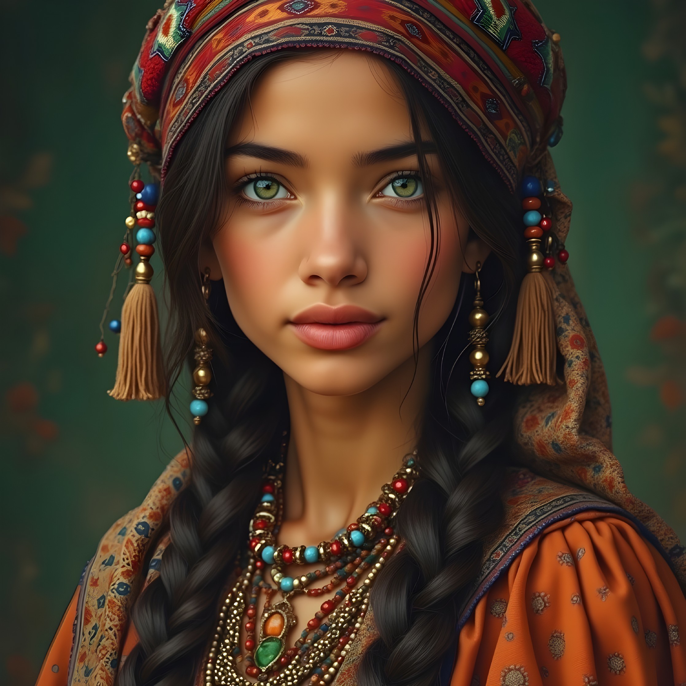 Young woman in traditional attire with intricate patterns