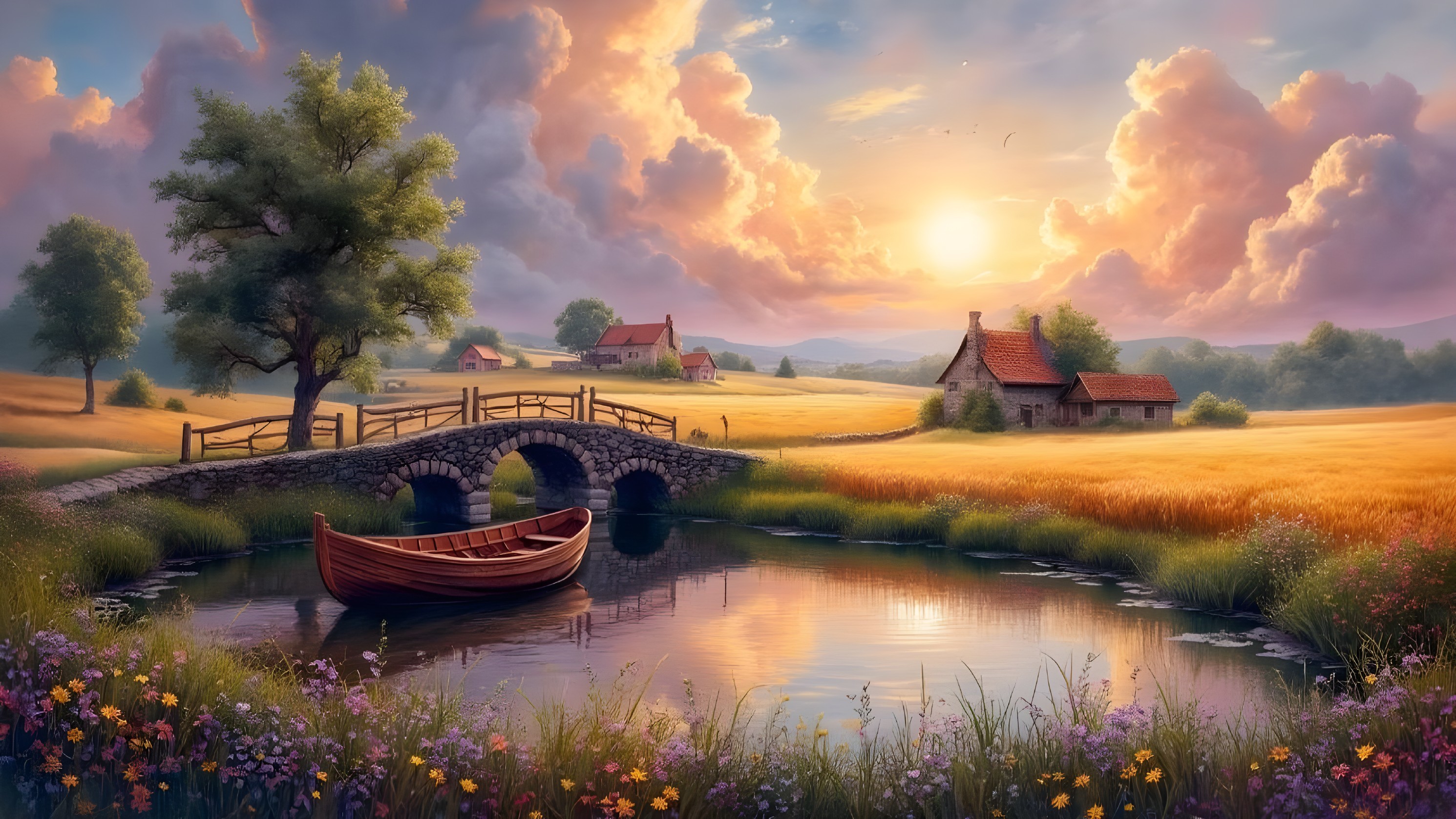 Serene Landscape with Sunset and Tranquil River Scene