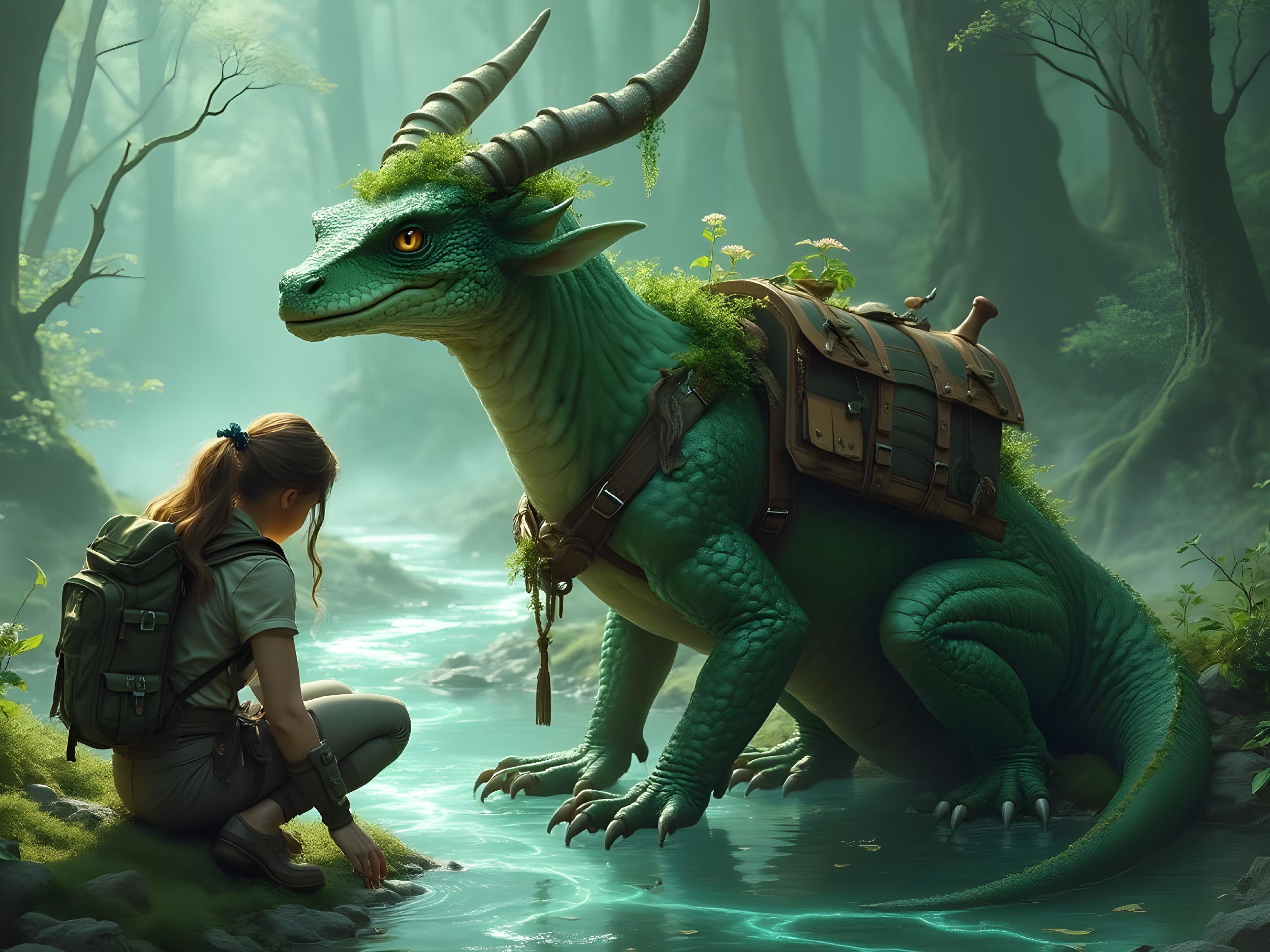 Young girl and vibrant green dragon in a forest