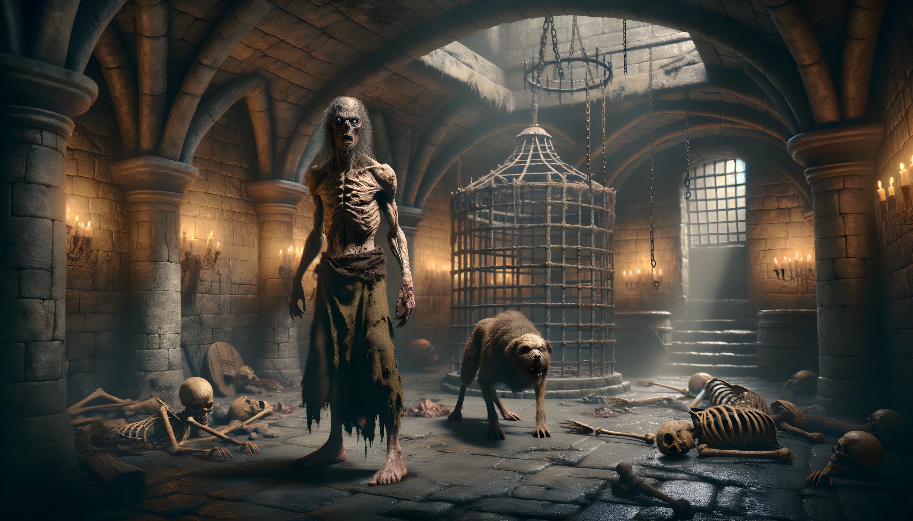 Skeletal Figure and Menacing Dog in Dark Dungeon