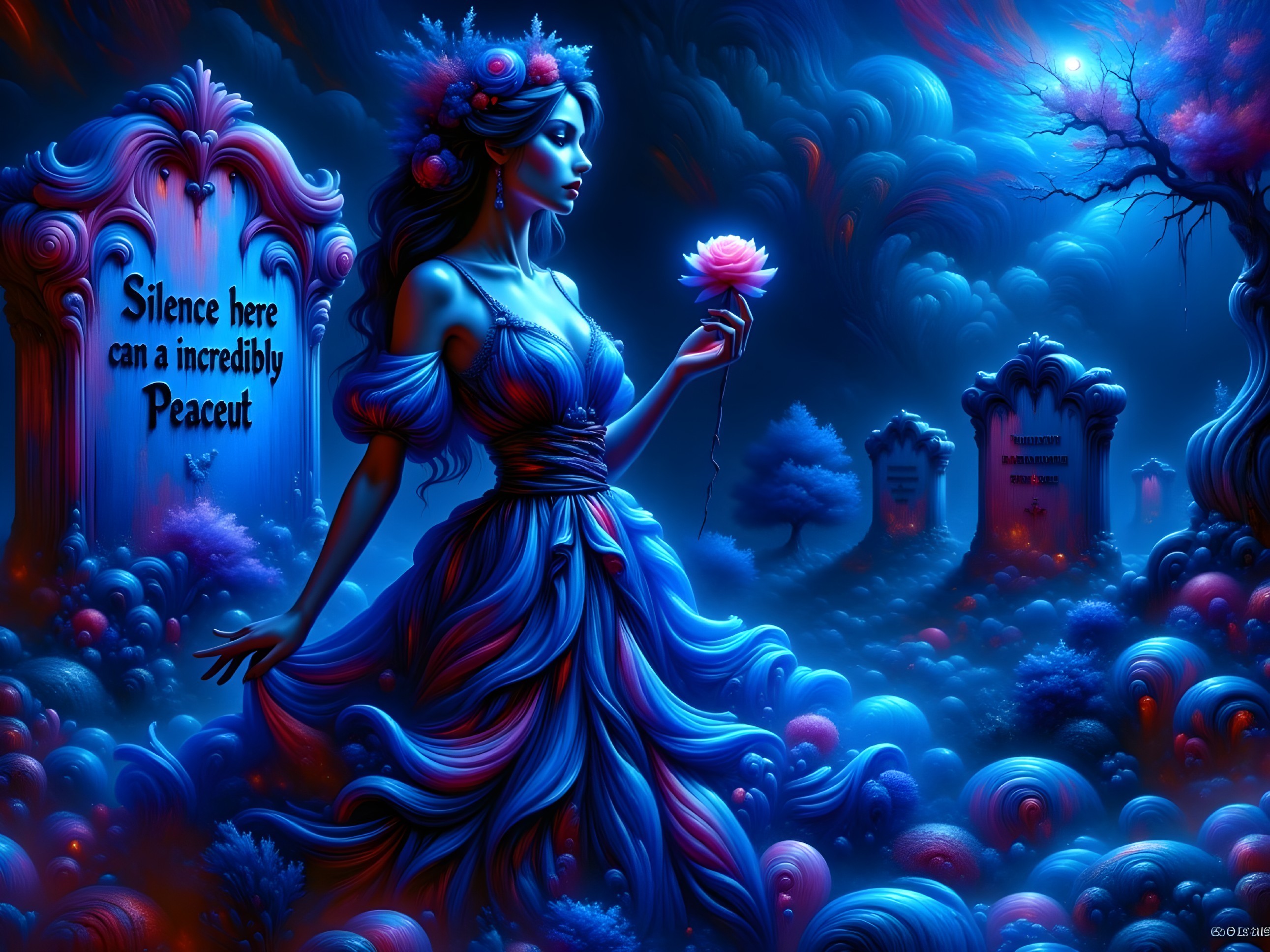 Serene Figure in Blue Gown Amidst Ethereal Clouds