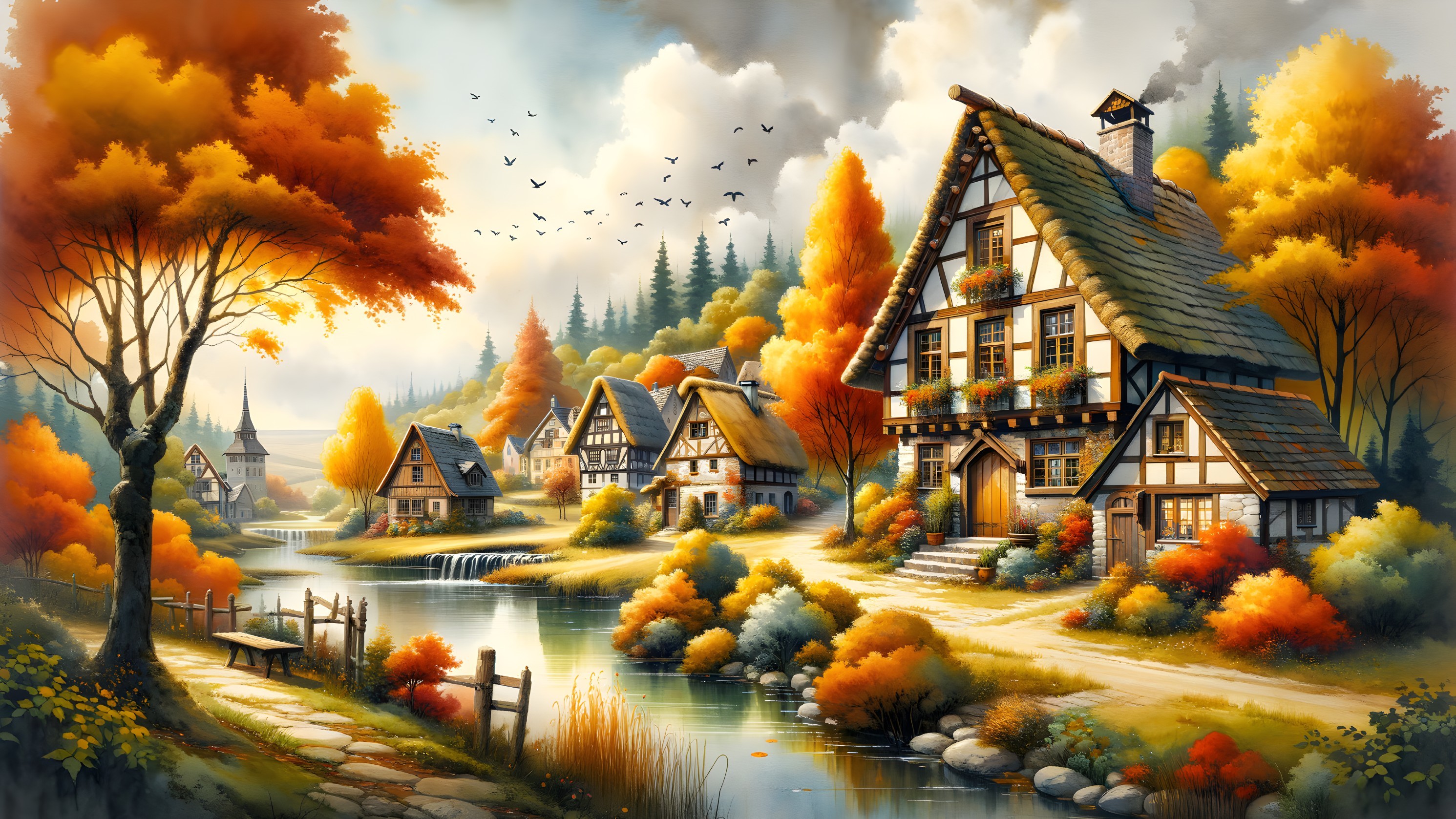Autumn Landscape with Wooden Houses and River View