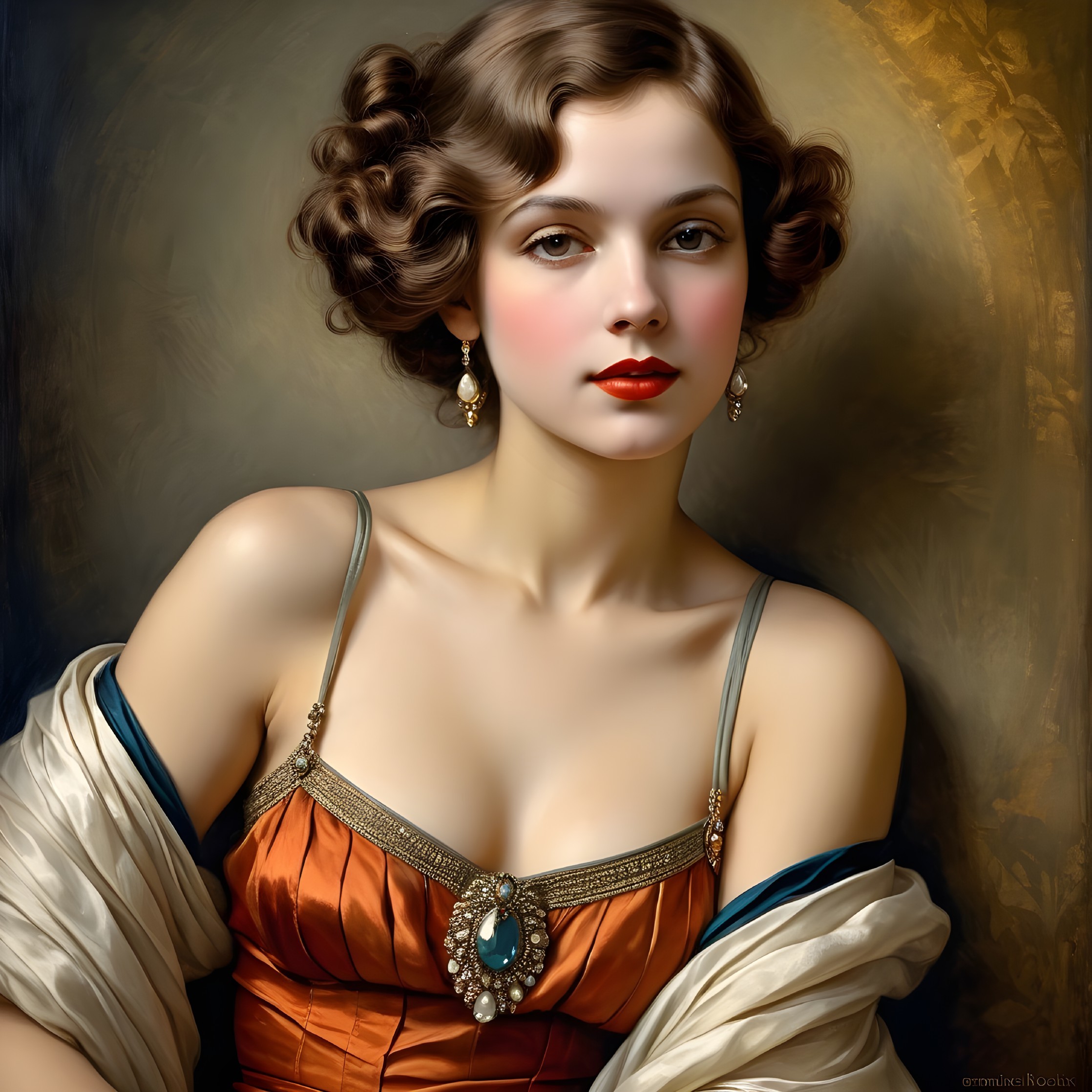 Vintage Elegant Woman in Orange Gown Portrait
