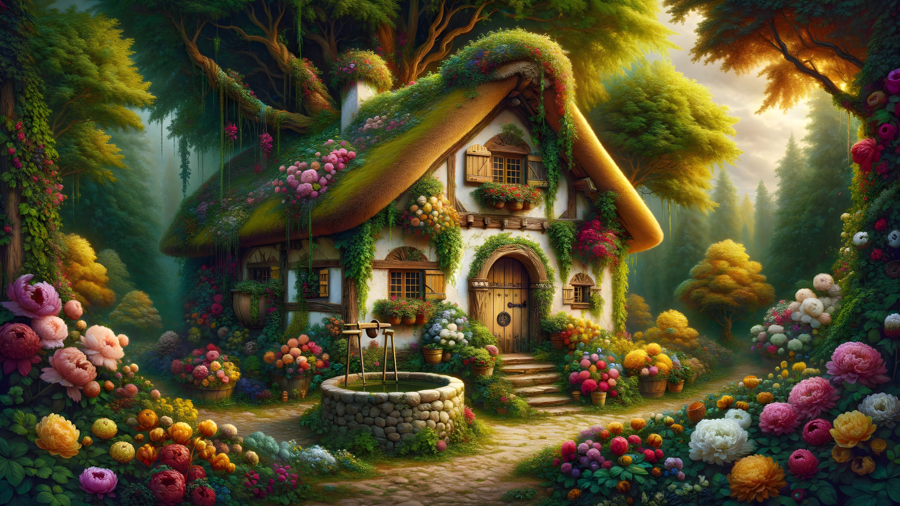 Whimsical Cottage in a Vibrant Flower-Filled Forest
