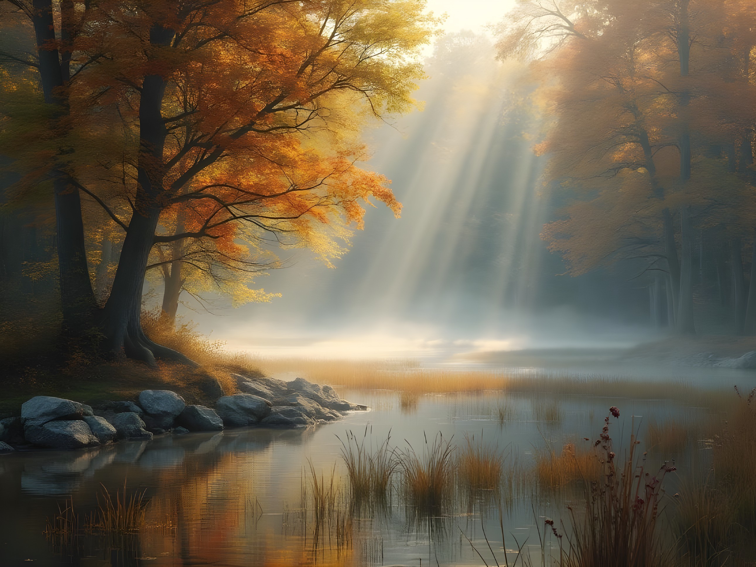 Autumn Landscape with Golden Sunlight and Tranquil Lake