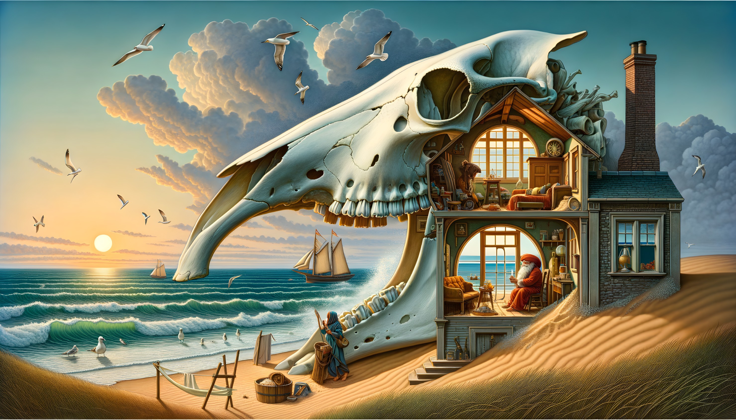 Surreal Coastal Scene with Skull-Shaped House