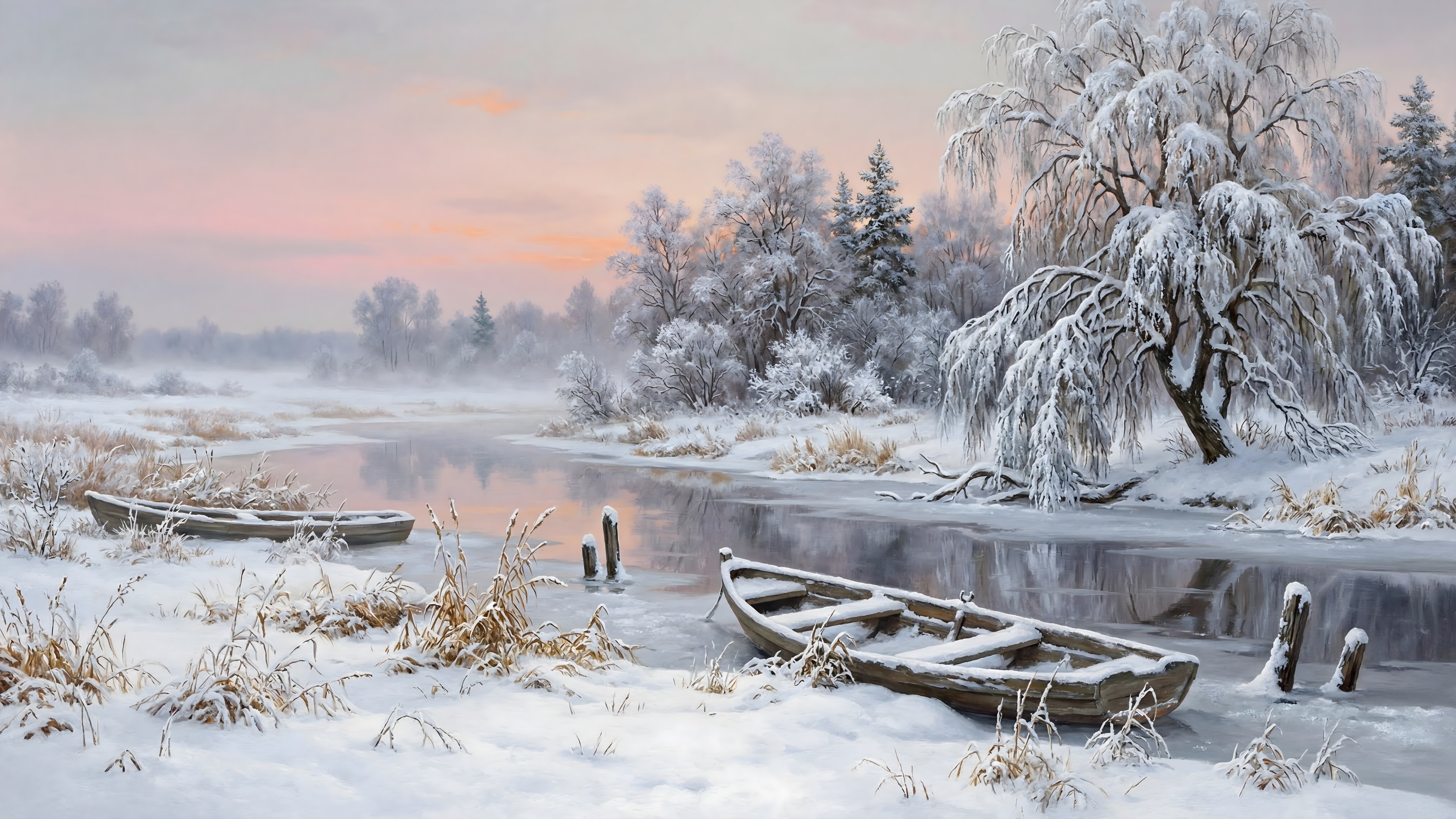 Serene Winter Landscape with Winding River and Snow