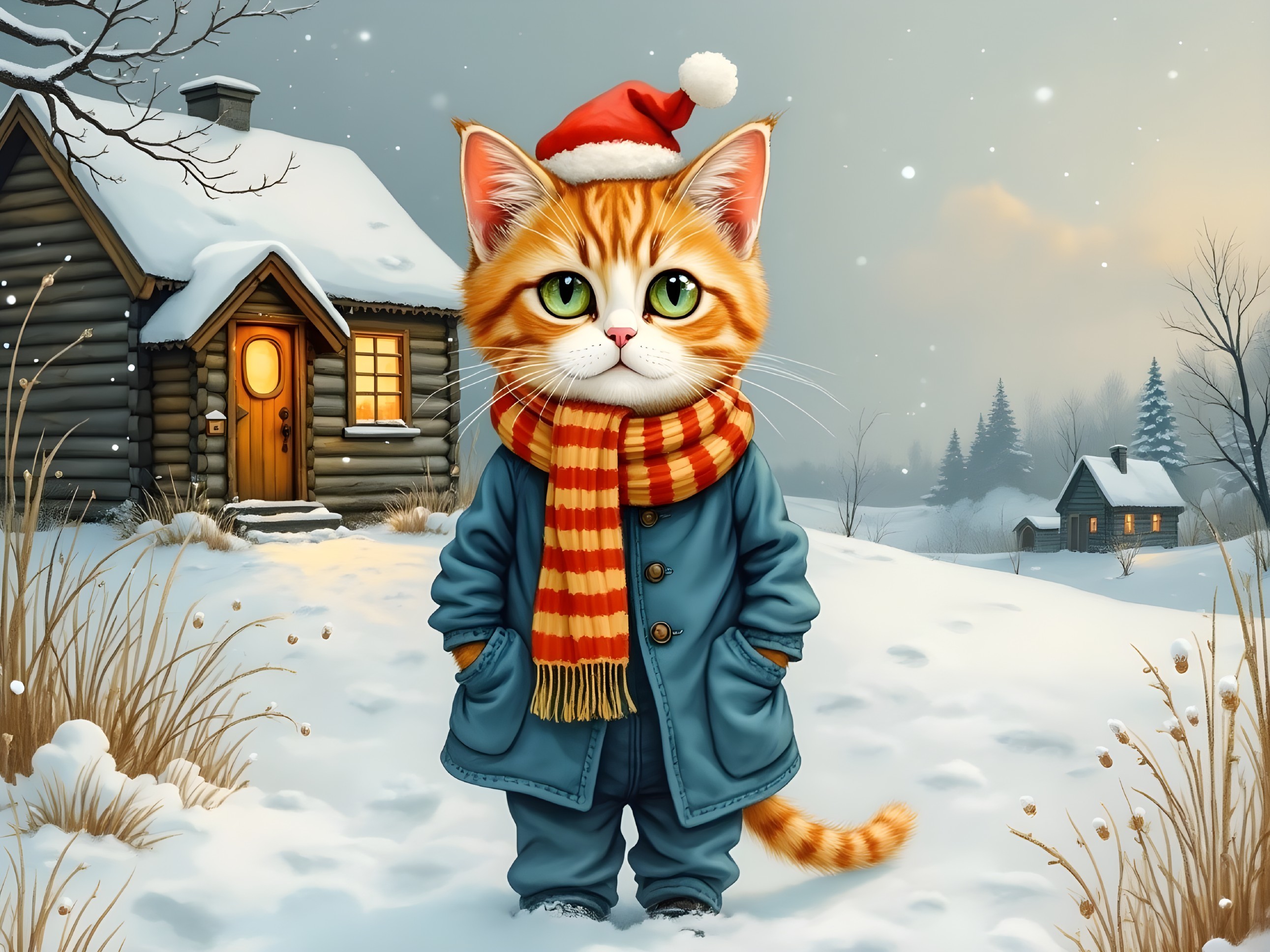 Ginger Cat in Winter Scene with Cabin and Snowflakes