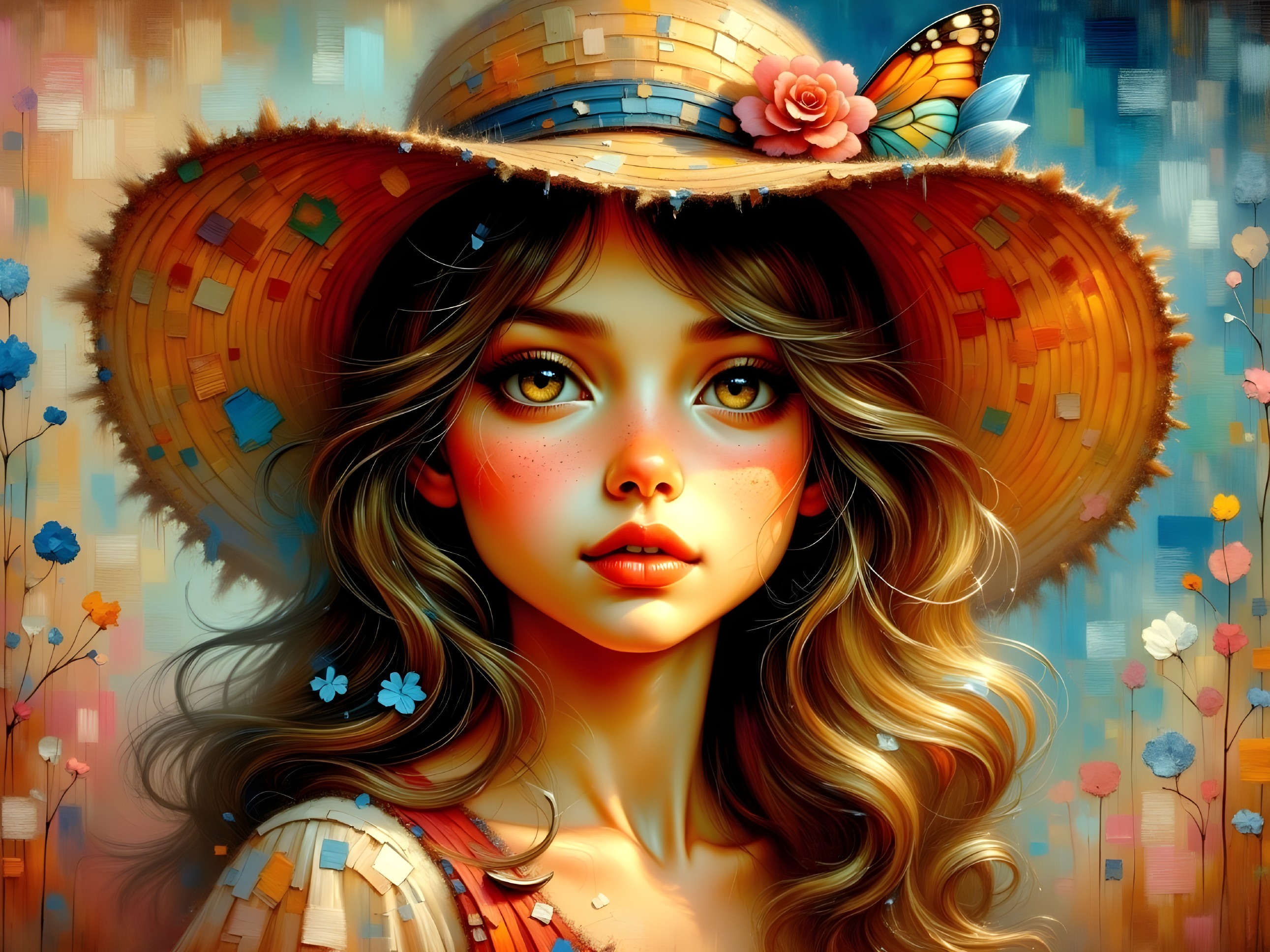 Young woman in straw hat with colorful background