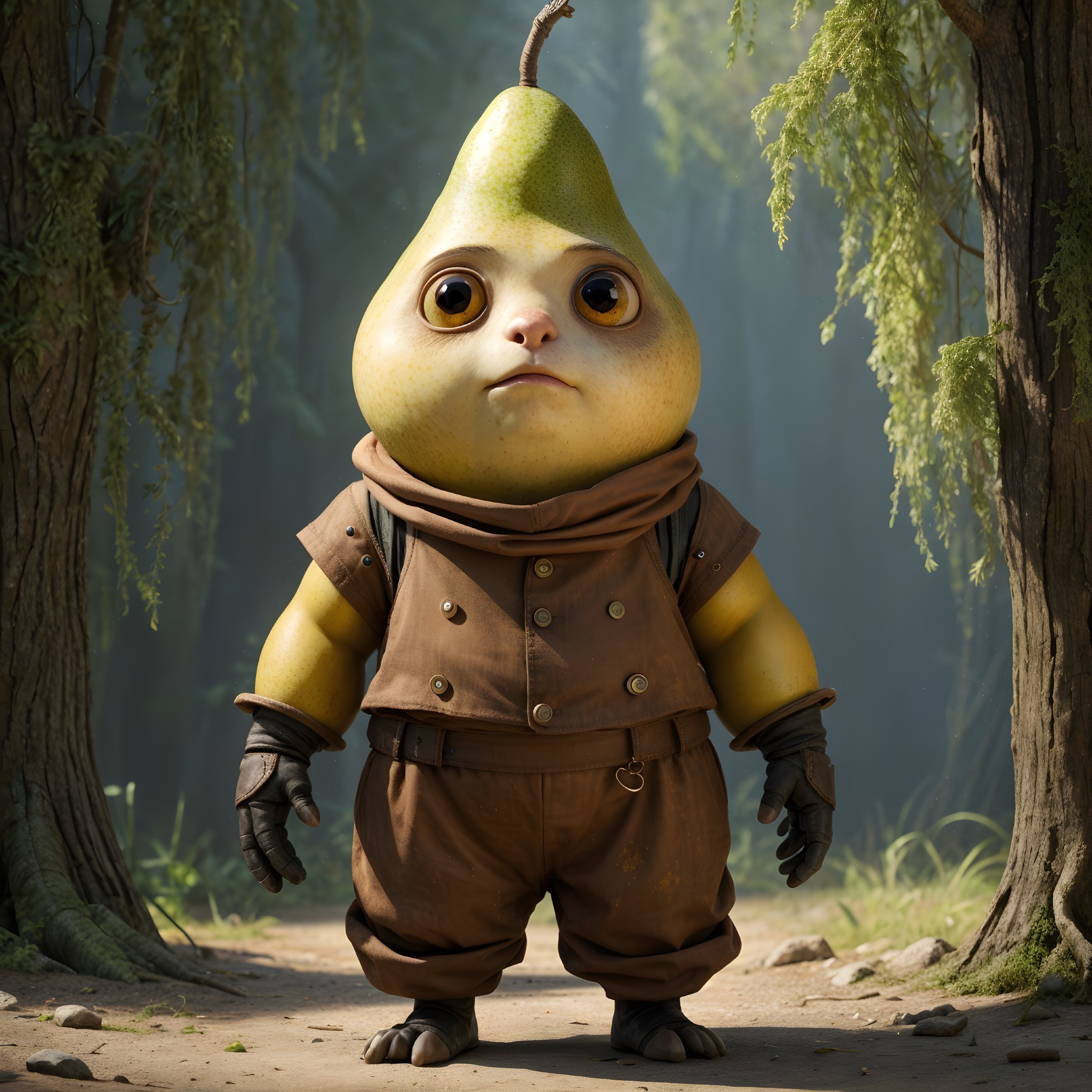 Quirky Humanoid Pear Character in Whimsical Forest