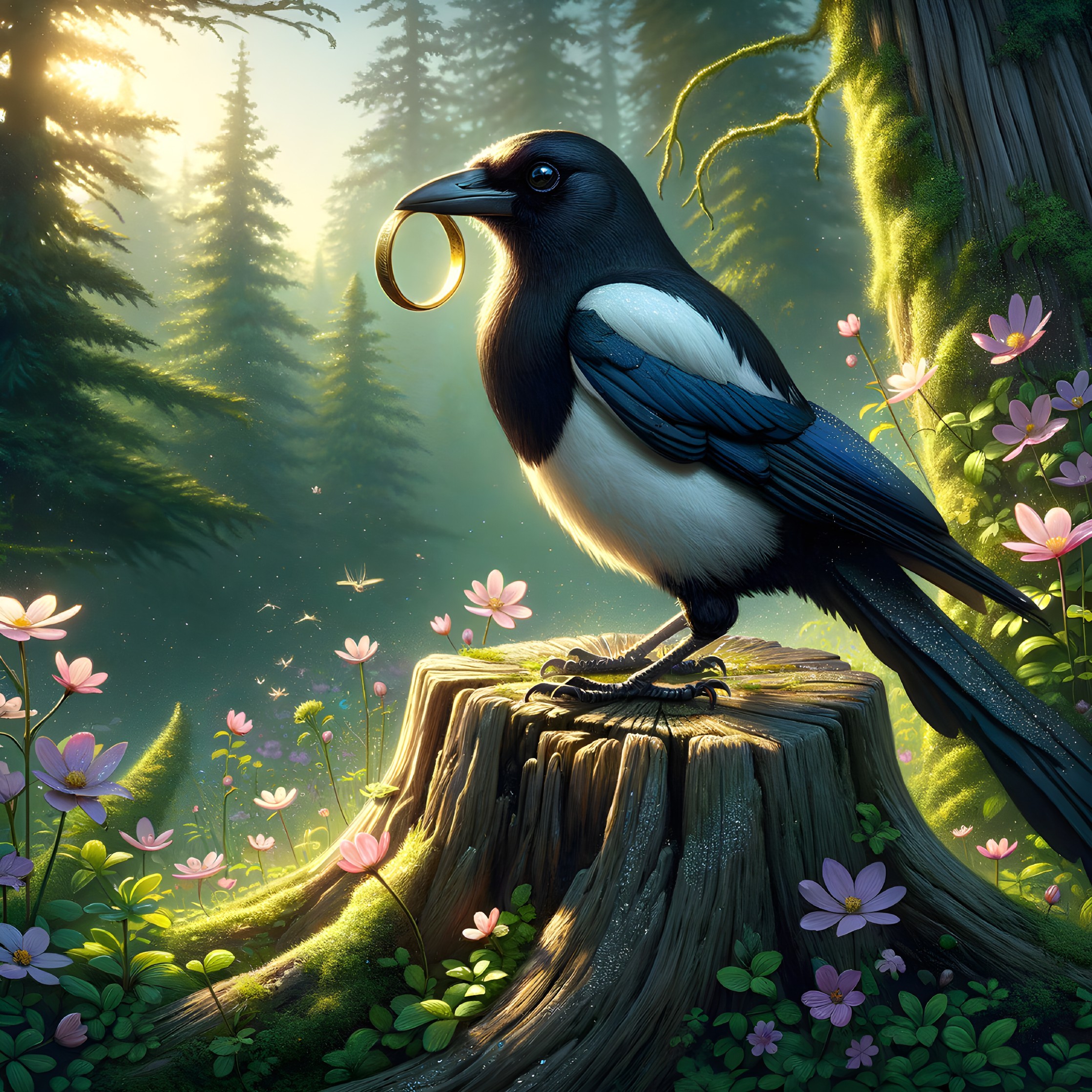 Magpie with Golden Ring in Serene Forest Setting