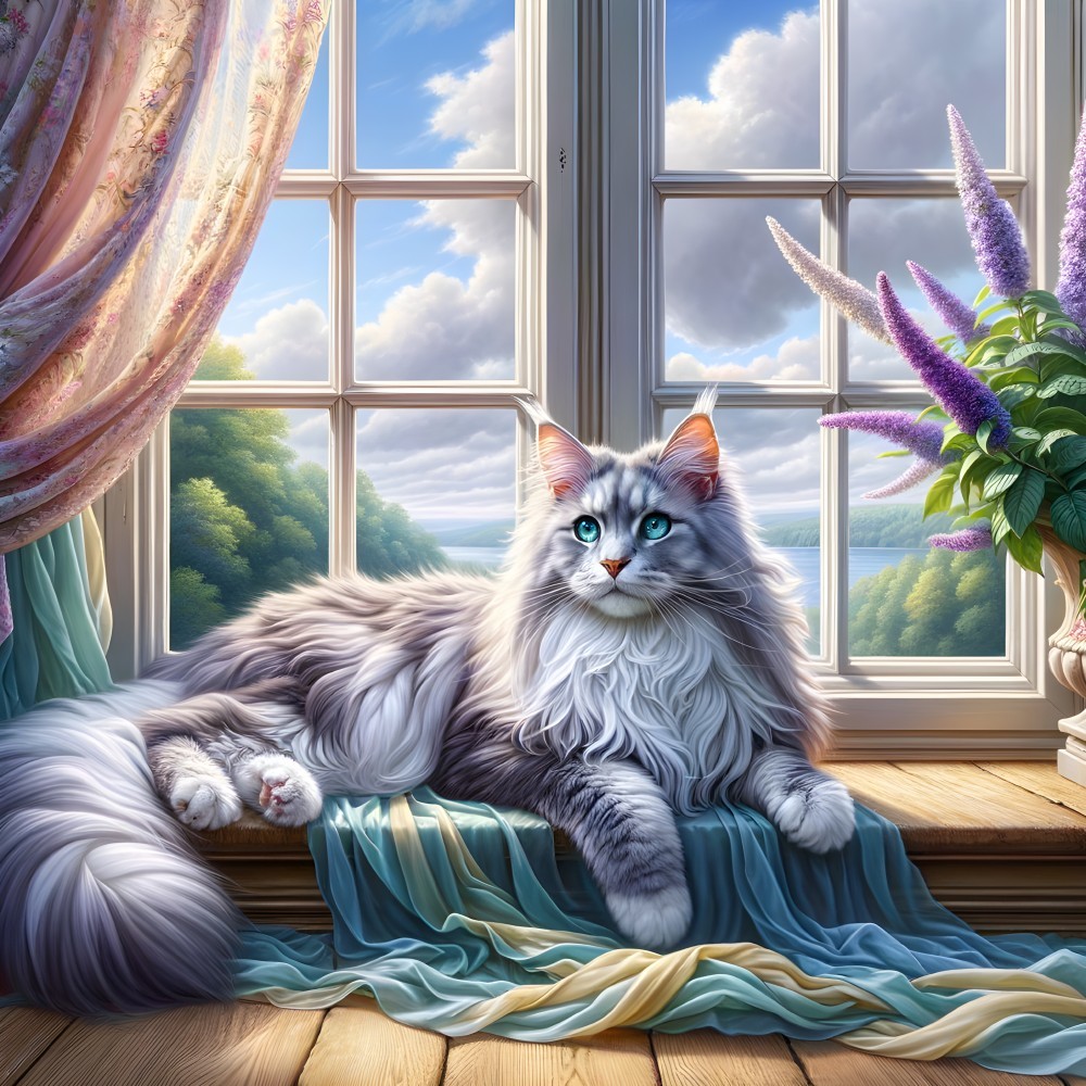 Fluffy Cat on Windowsill with Scenic Landscape View