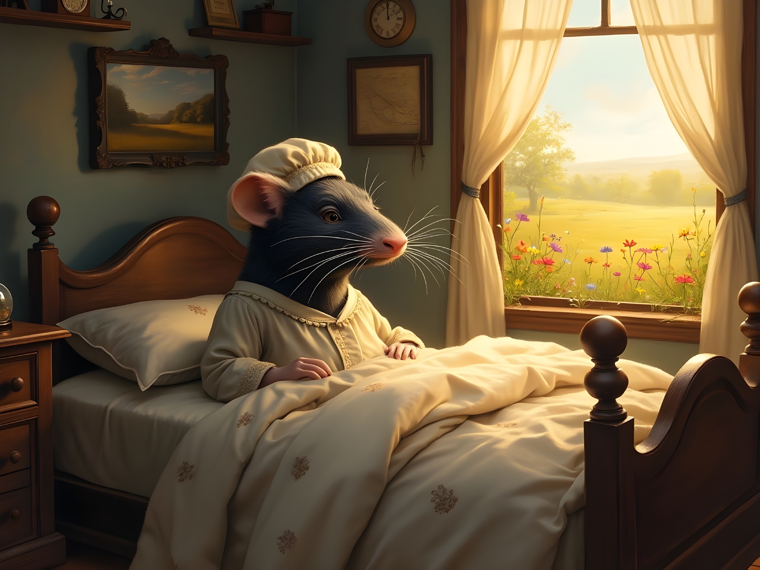 Cartoonish Rat in Cozy Bedroom with Scenic View