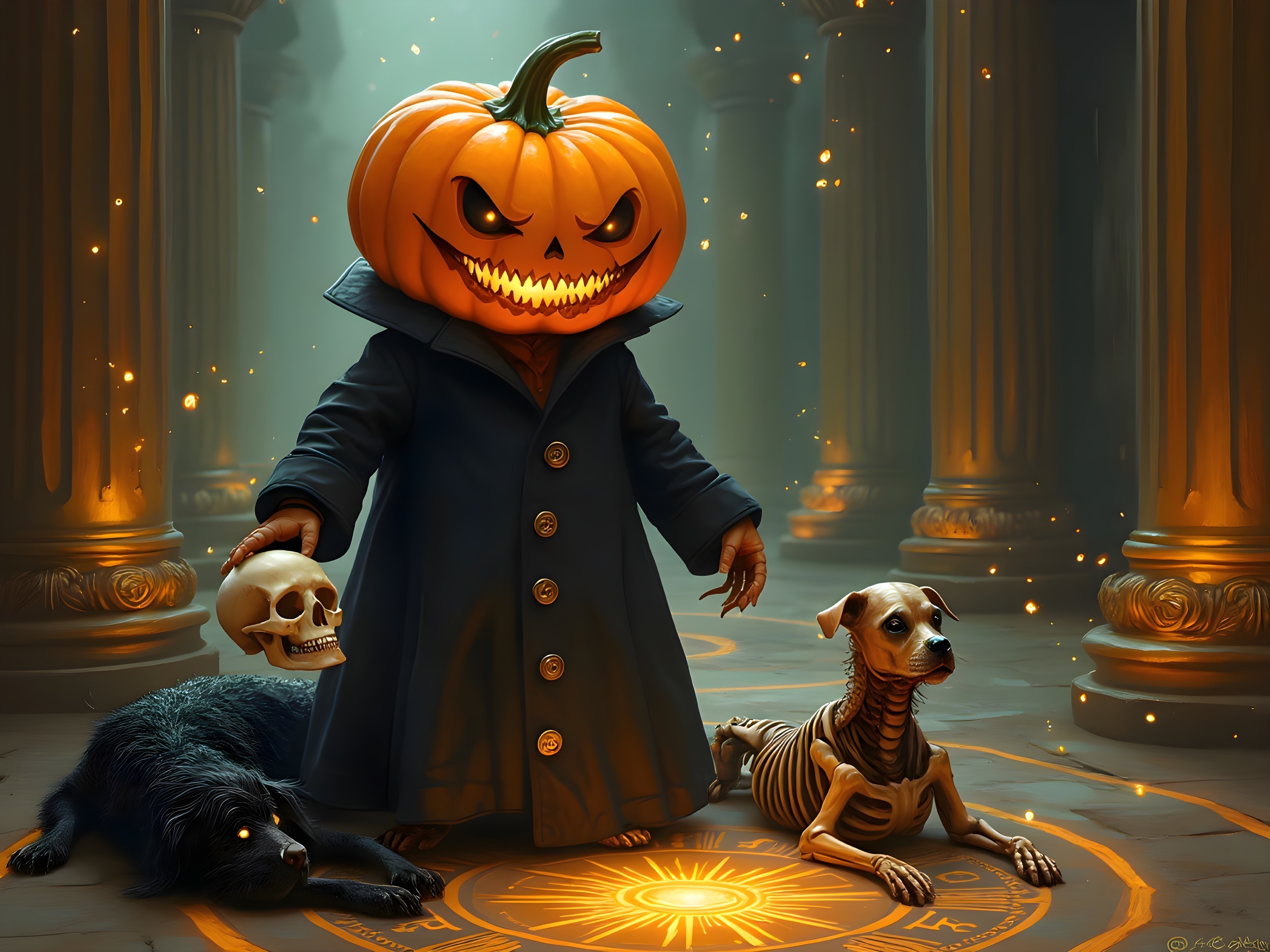 Mystical Chamber with Pumpkin-Headed Figure and Dogs