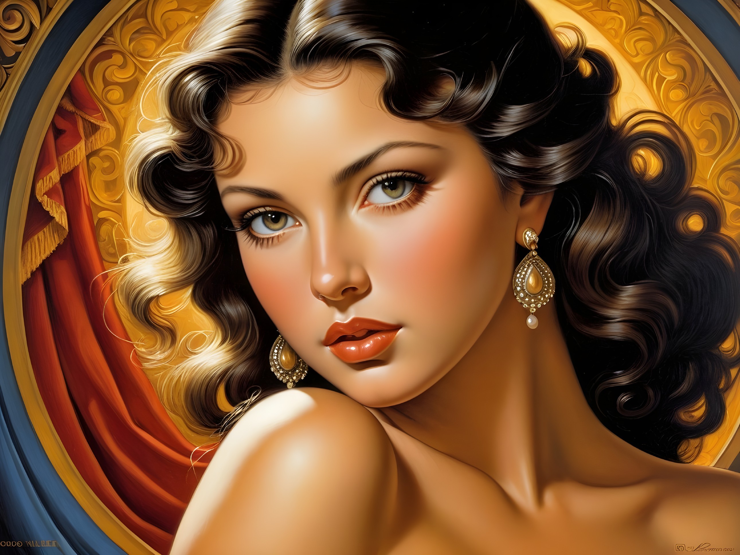 Portrait of a Woman with Dark Curls and Green Eyes