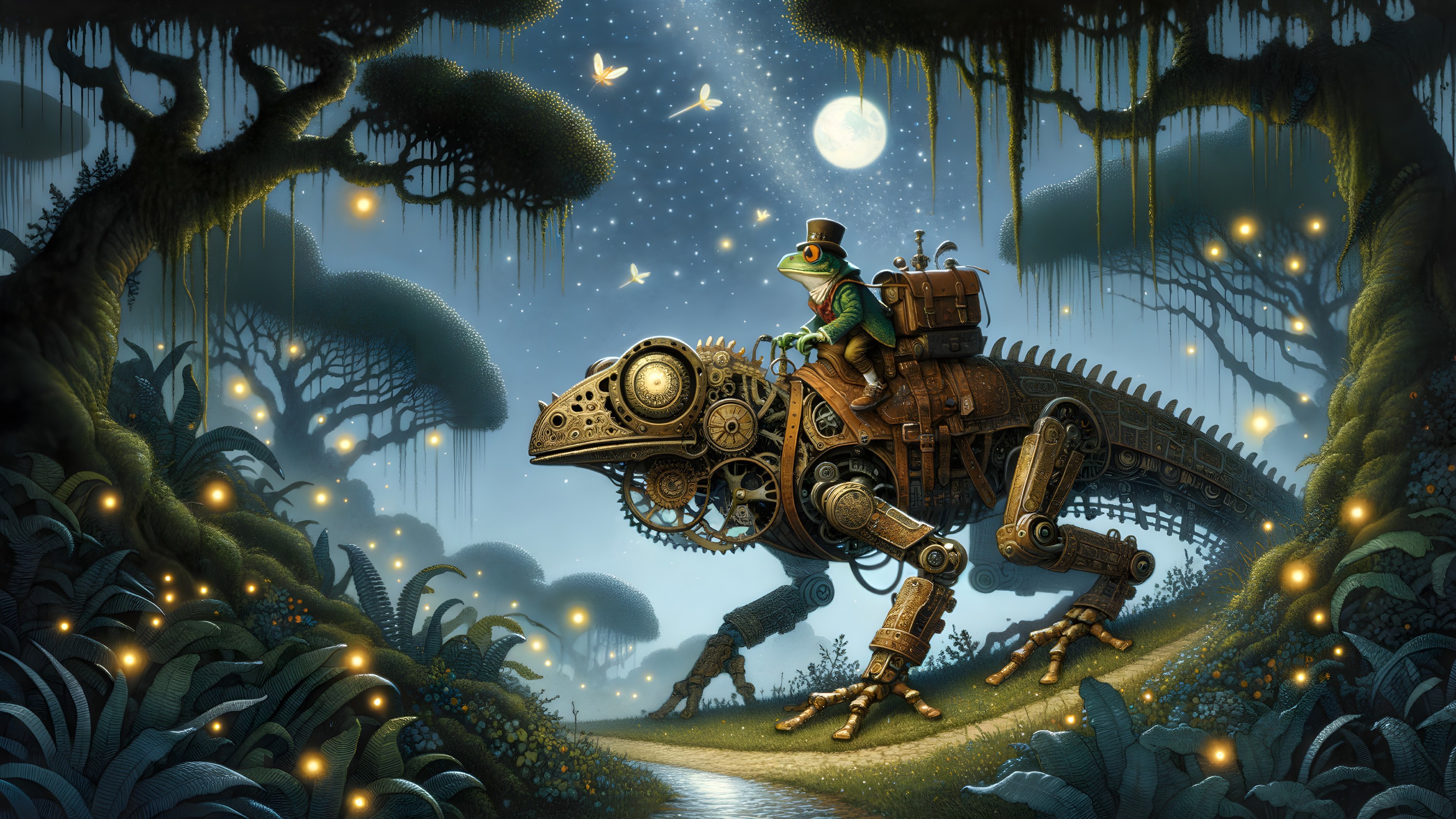 Frog in Top Hat Rides Mechanical Chameleon in Forest