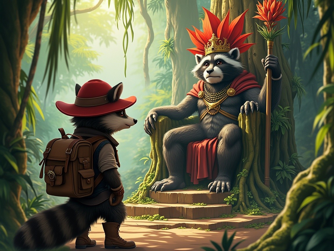 Regal Raccoon Throne Scene in Vibrant Jungle