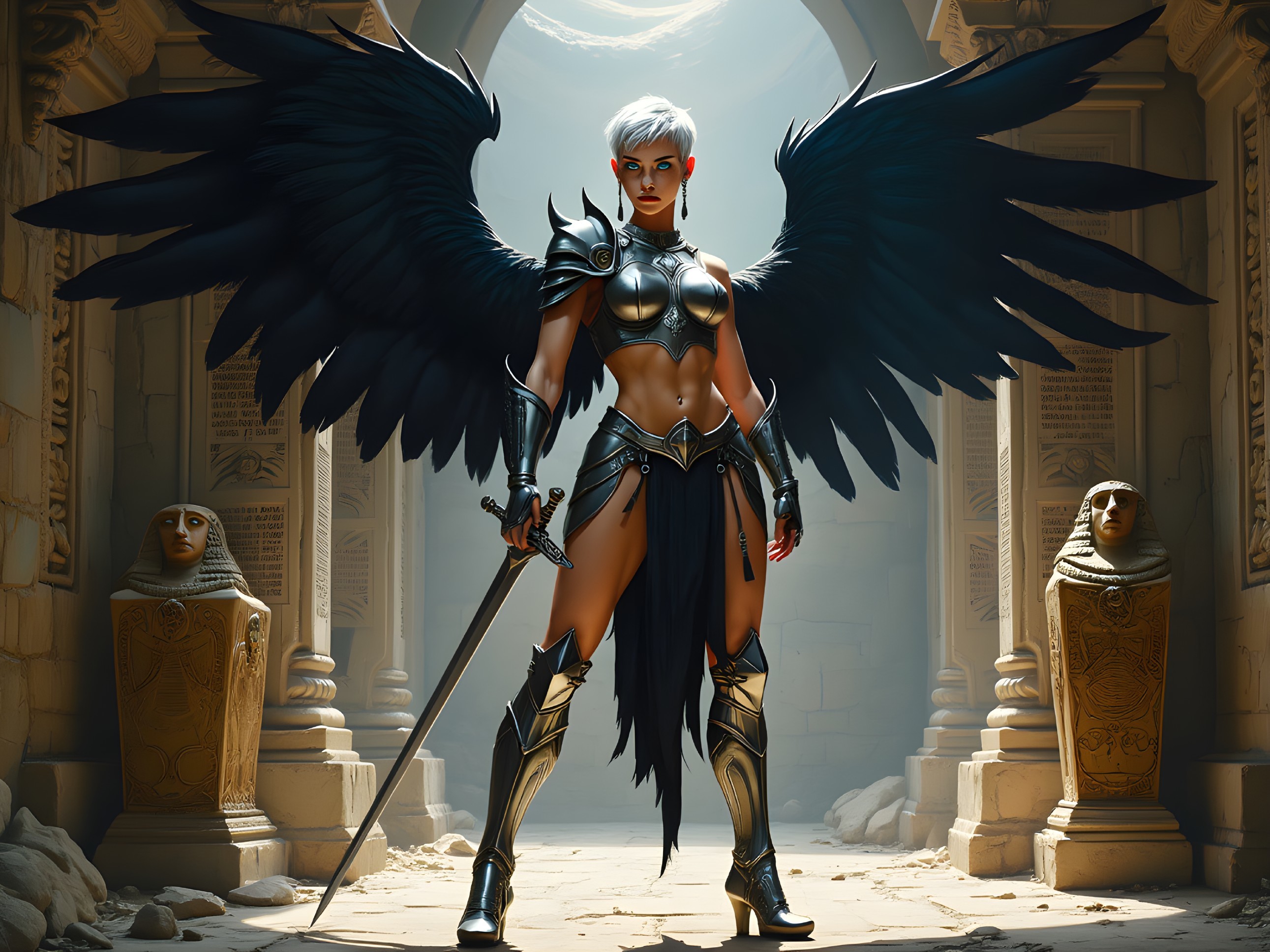 Warrior with Black Wings in Mystical Temple Setting