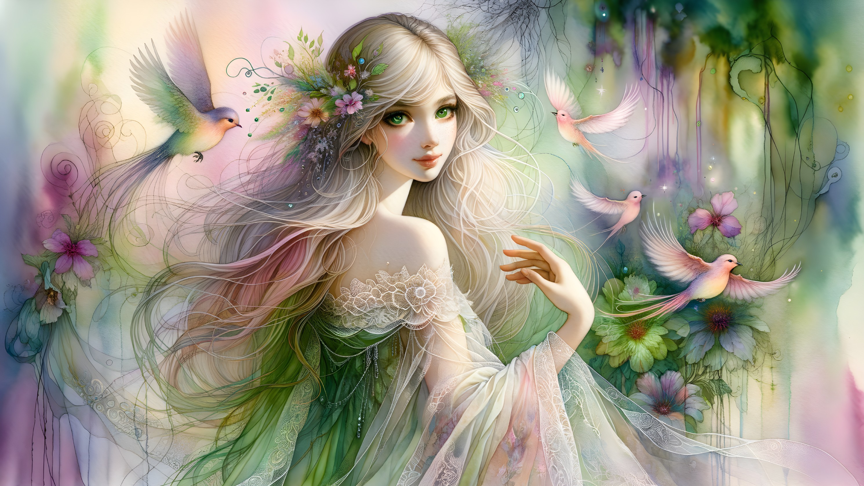 Whimsical Illustration of a Young Woman with Flowers