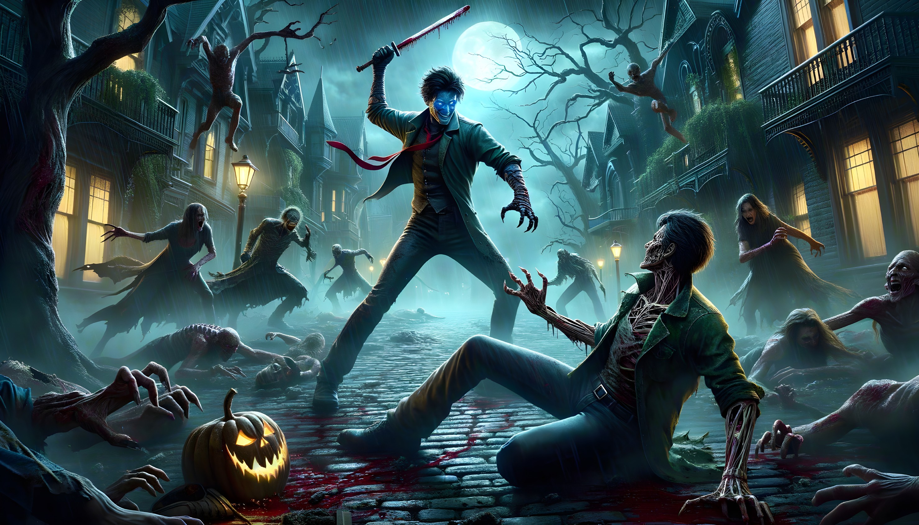 Eerie Alley Scene with Zombie and Sword-Wielding Figure