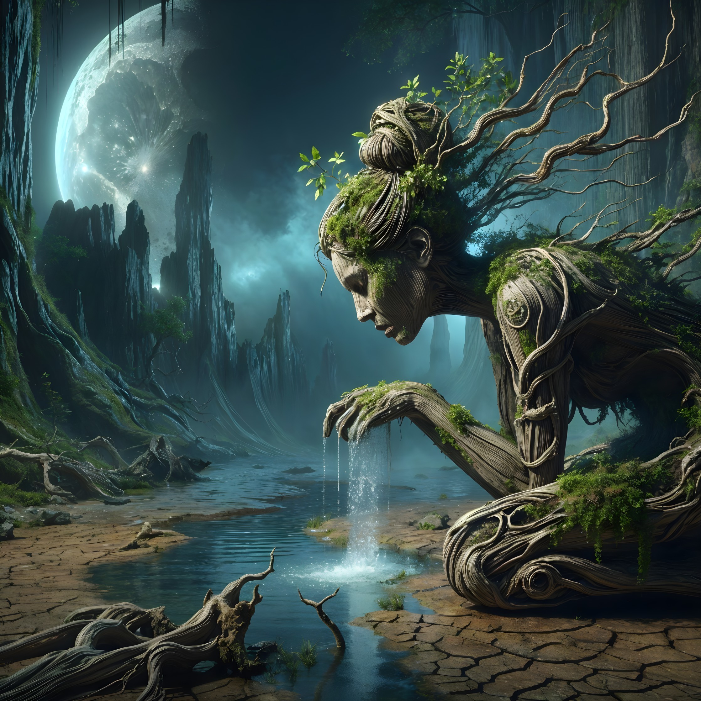 Colossal Nature Figure in Enchanted Forest Scene