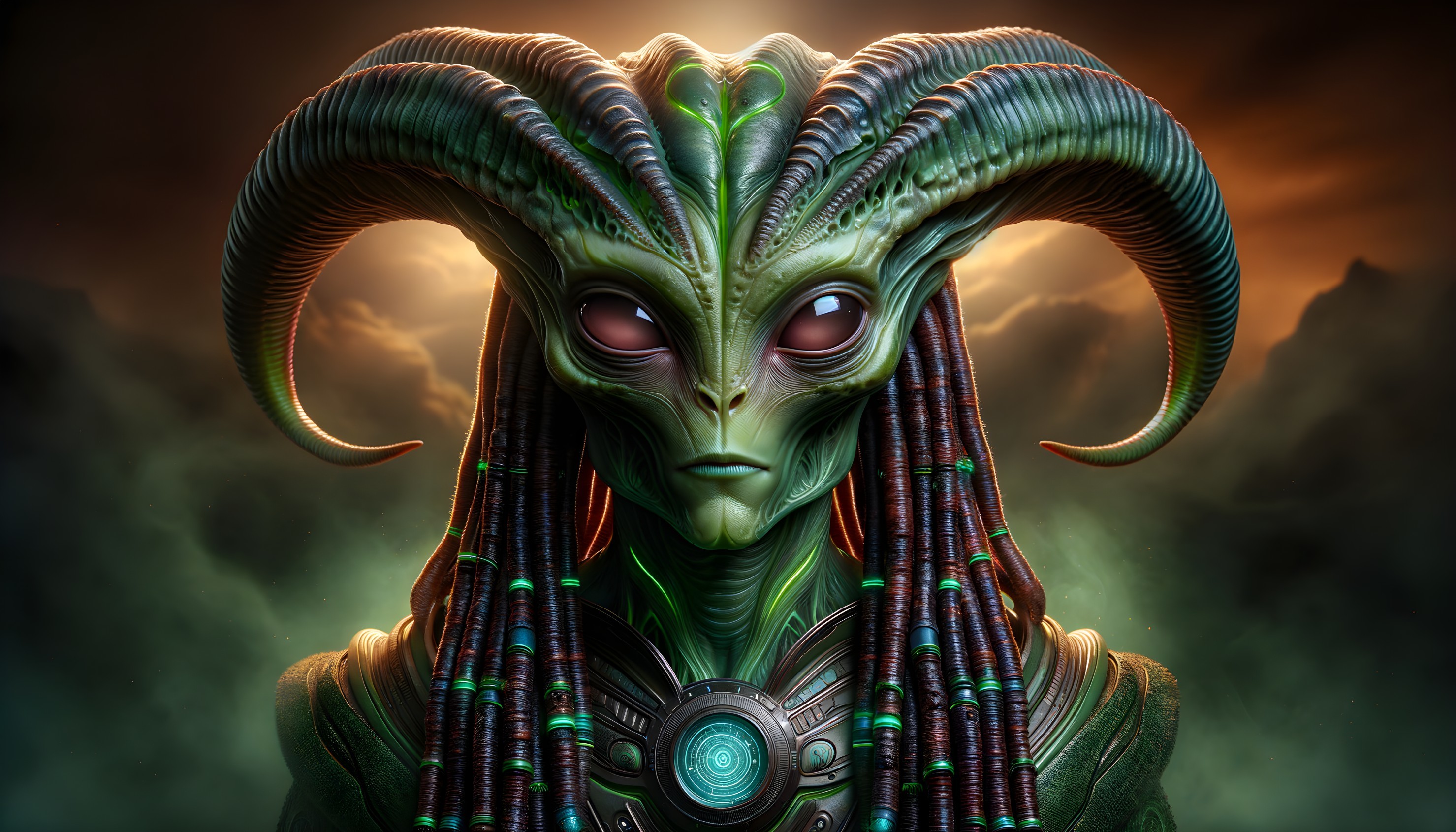 Futuristic Alien Figure with Green Skin and Horns