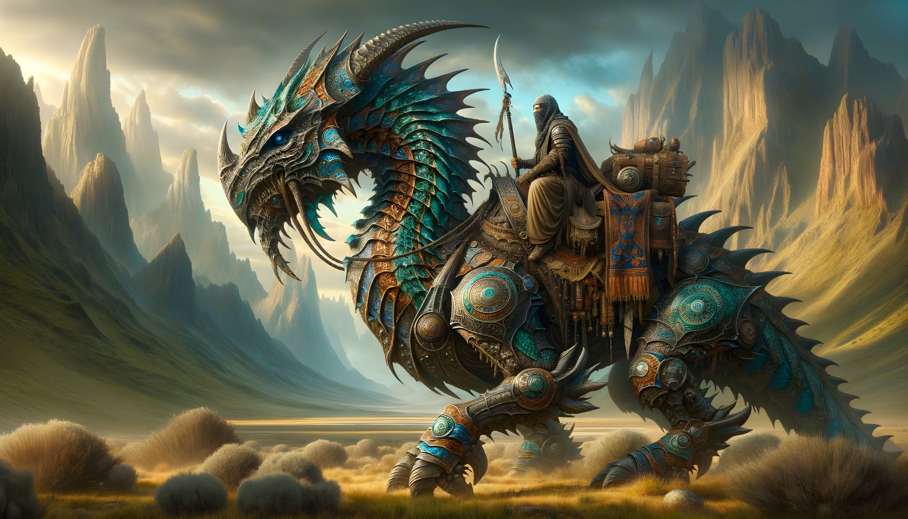Armored dragon with cloaked rider in mystical landscape