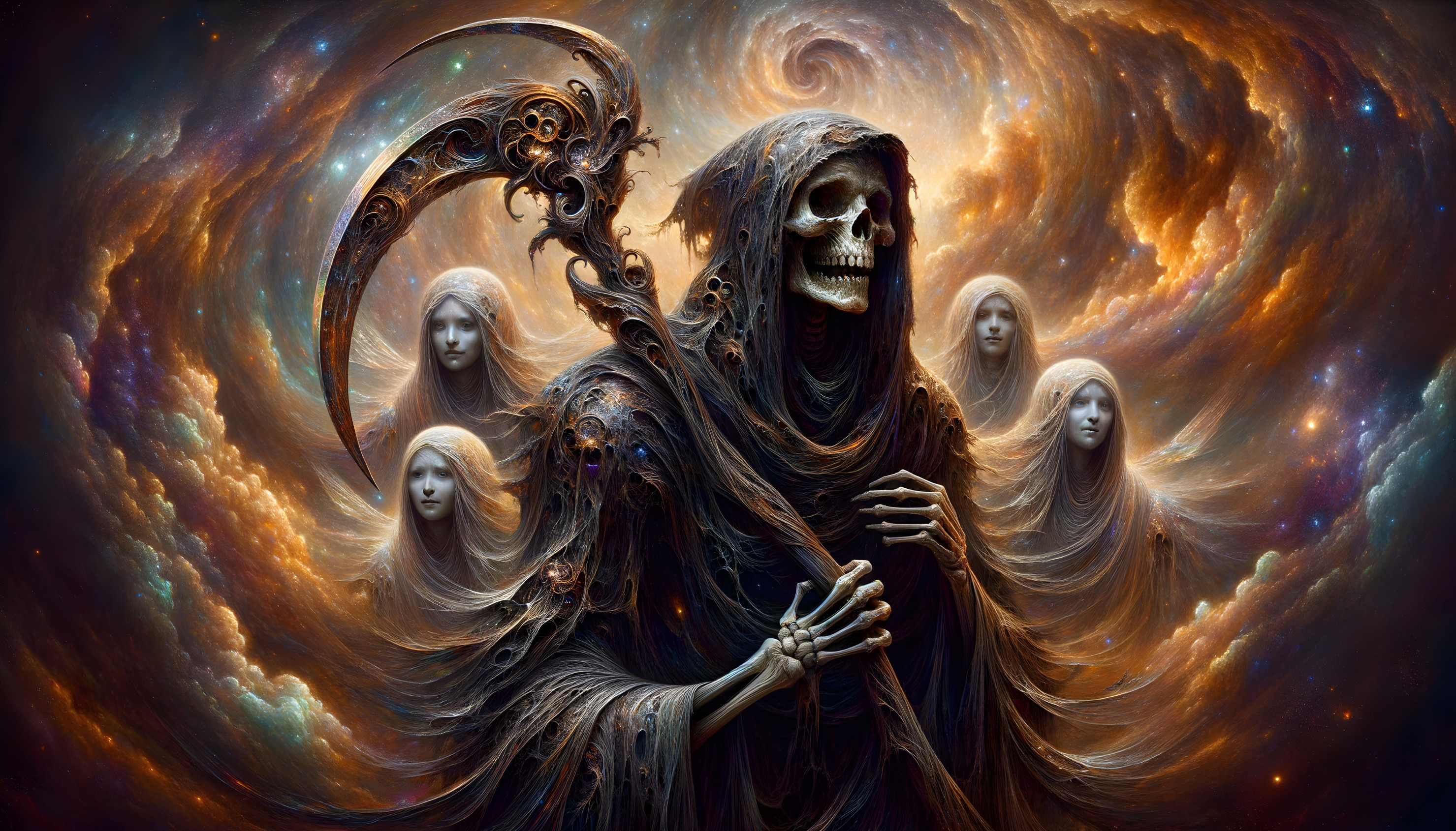 Skeletal Figure with Scythe Amidst Ethereal Faces