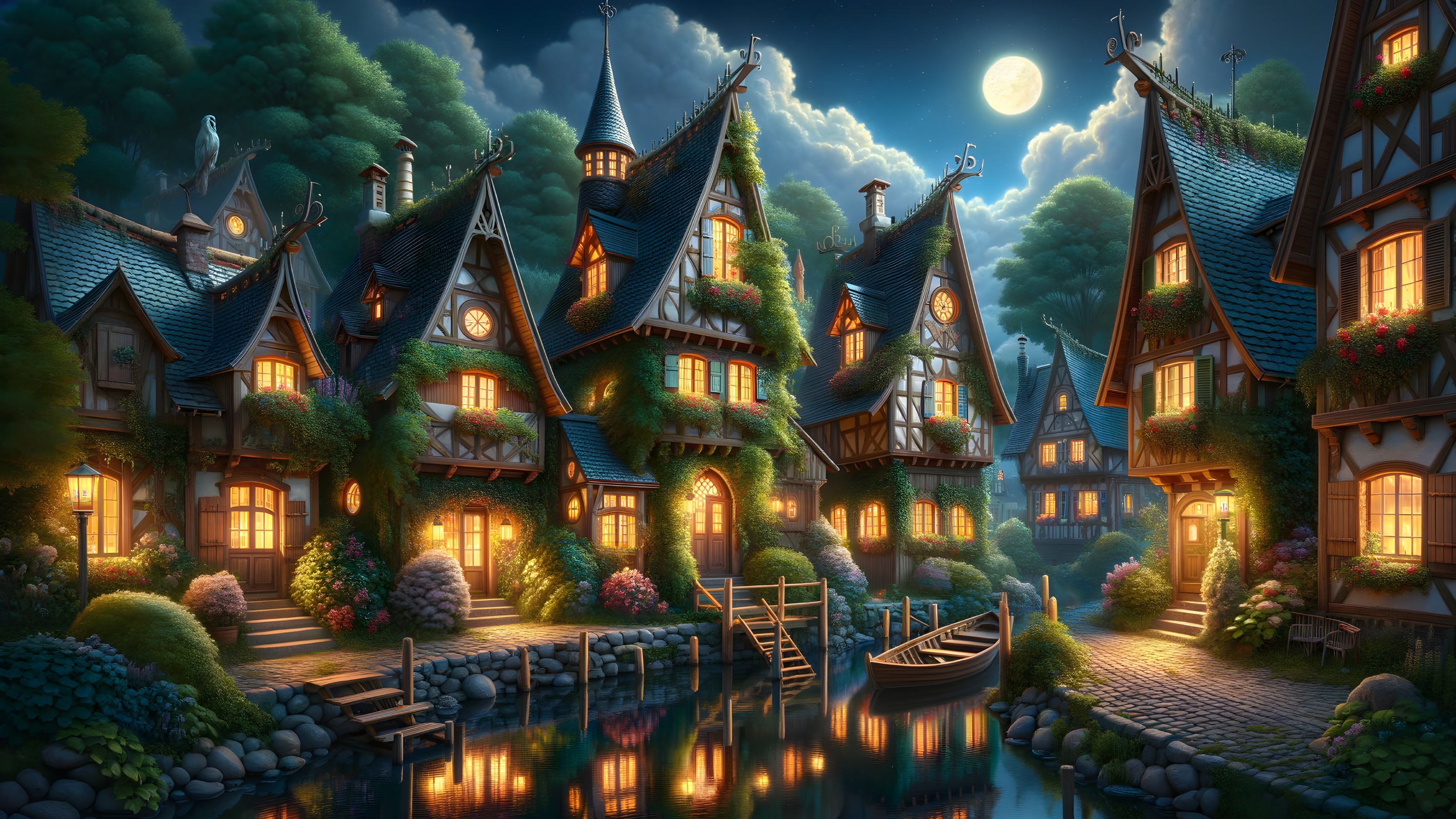 Charming Nighttime Village with Ivy-Covered Houses