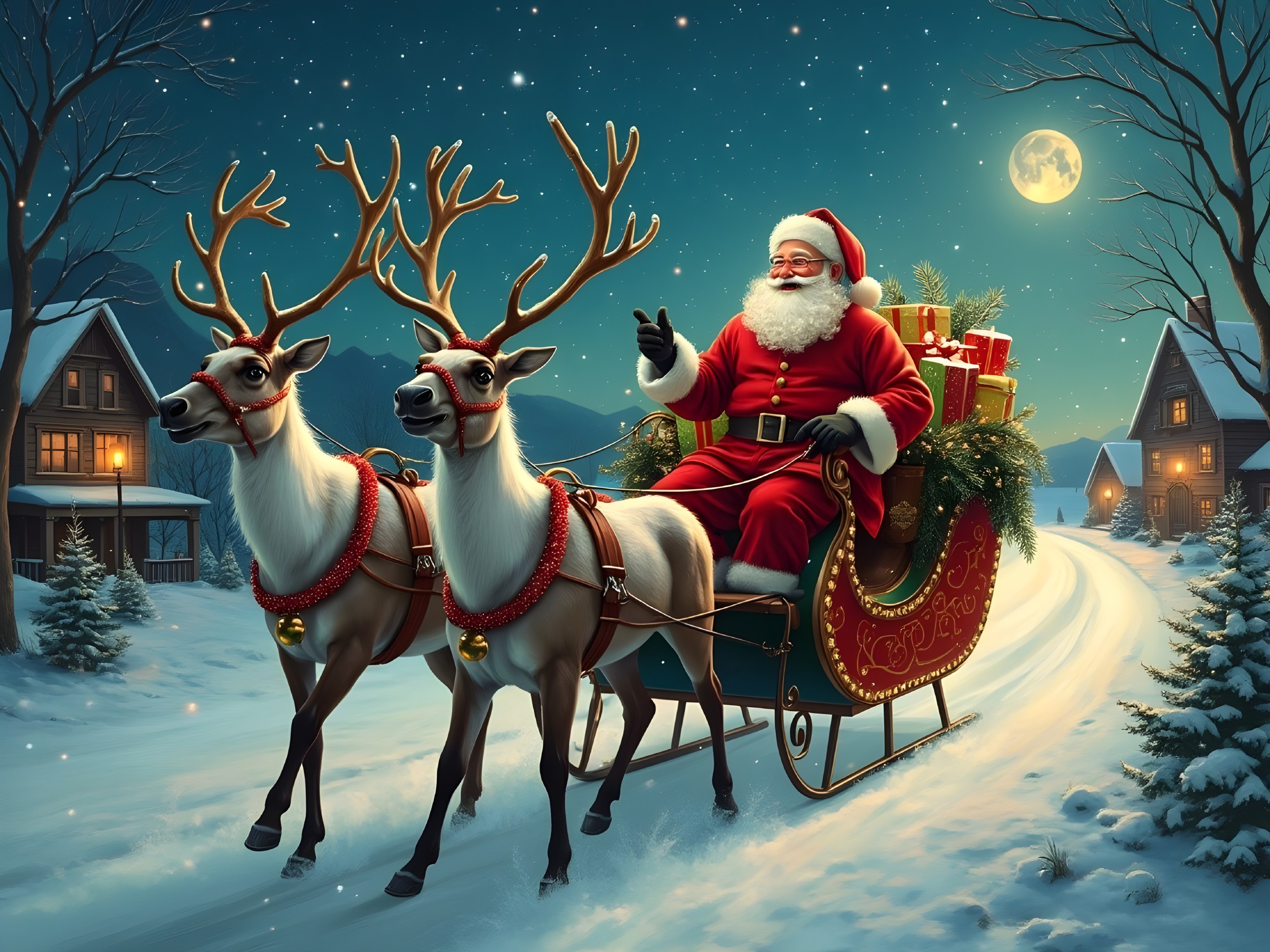 Santa Claus in a decorated sleigh with reindeer in snow