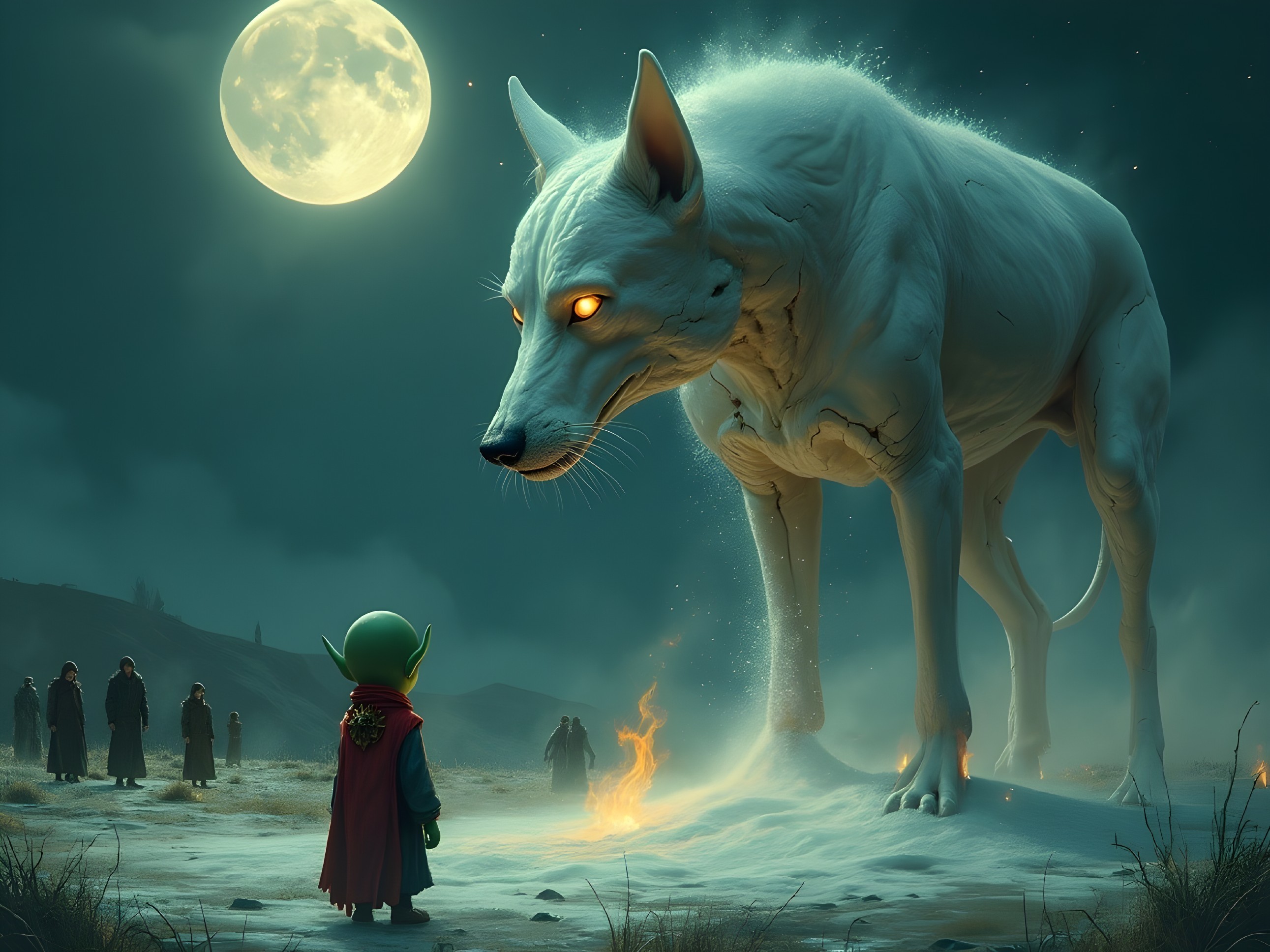 Mystical Landscape with Cloaked Figure and White Wolf