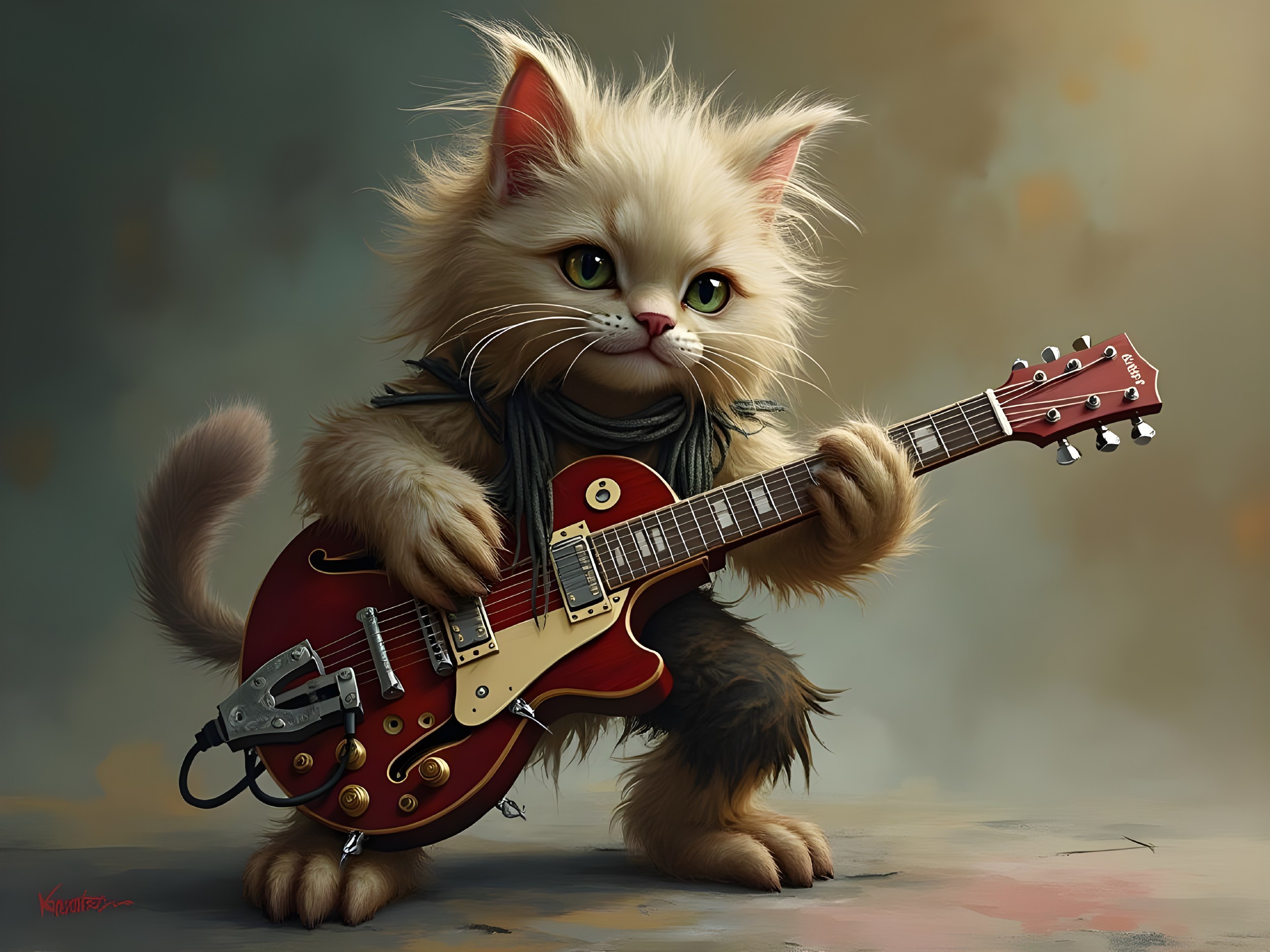 Furry Cat in Rockstar Outfit Playing Electric Guitar