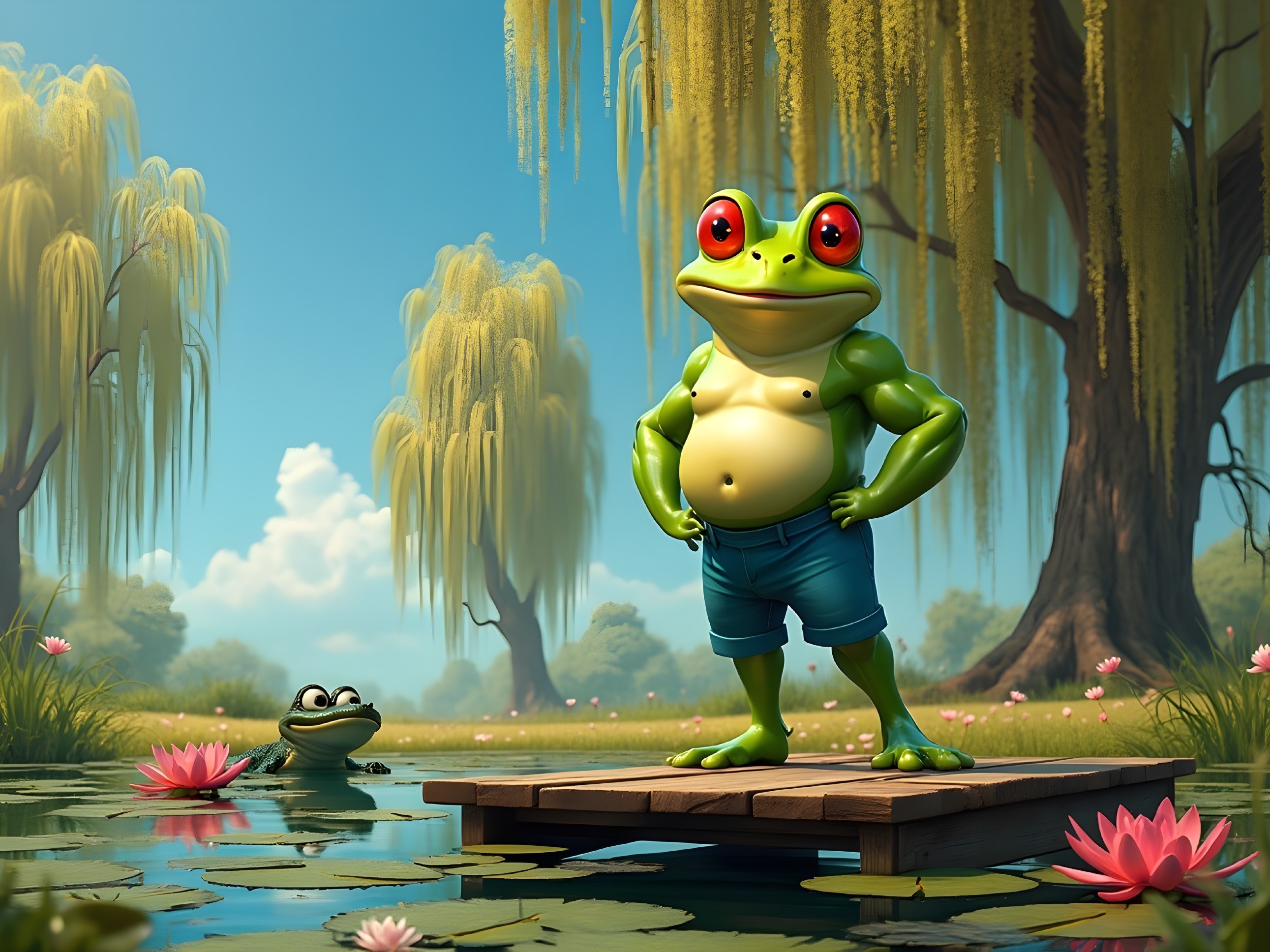 Vibrant Cartoon Frog on Dock with Serene Pond Background