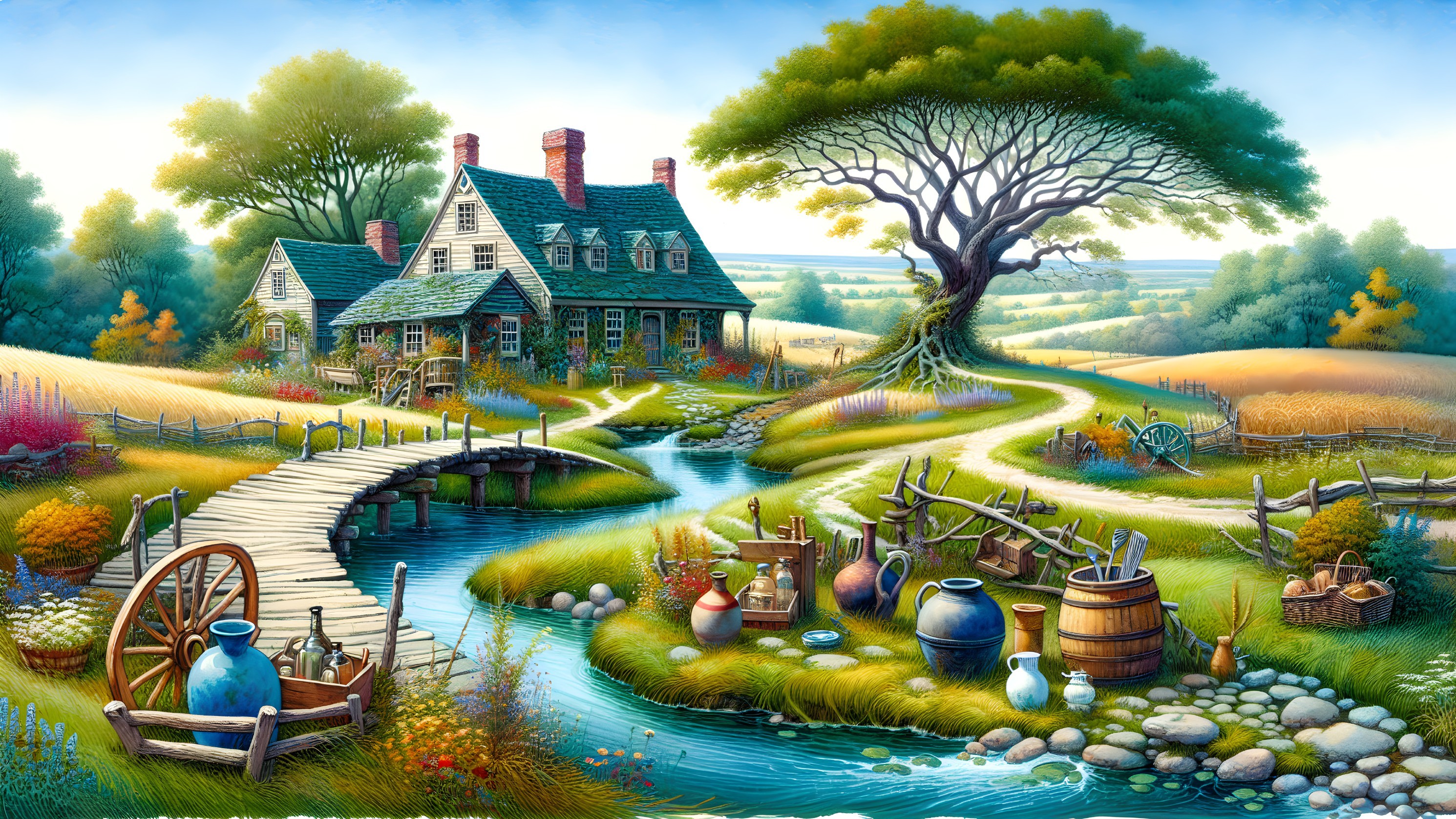 Charming Countryside Scene with House and Gardens