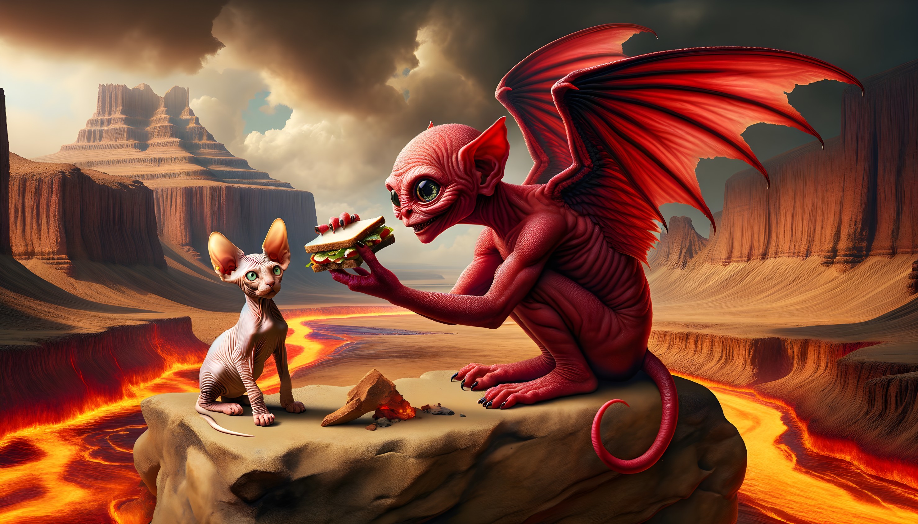 Red Winged Creature and Sphynx Cat in Fiery Landscape