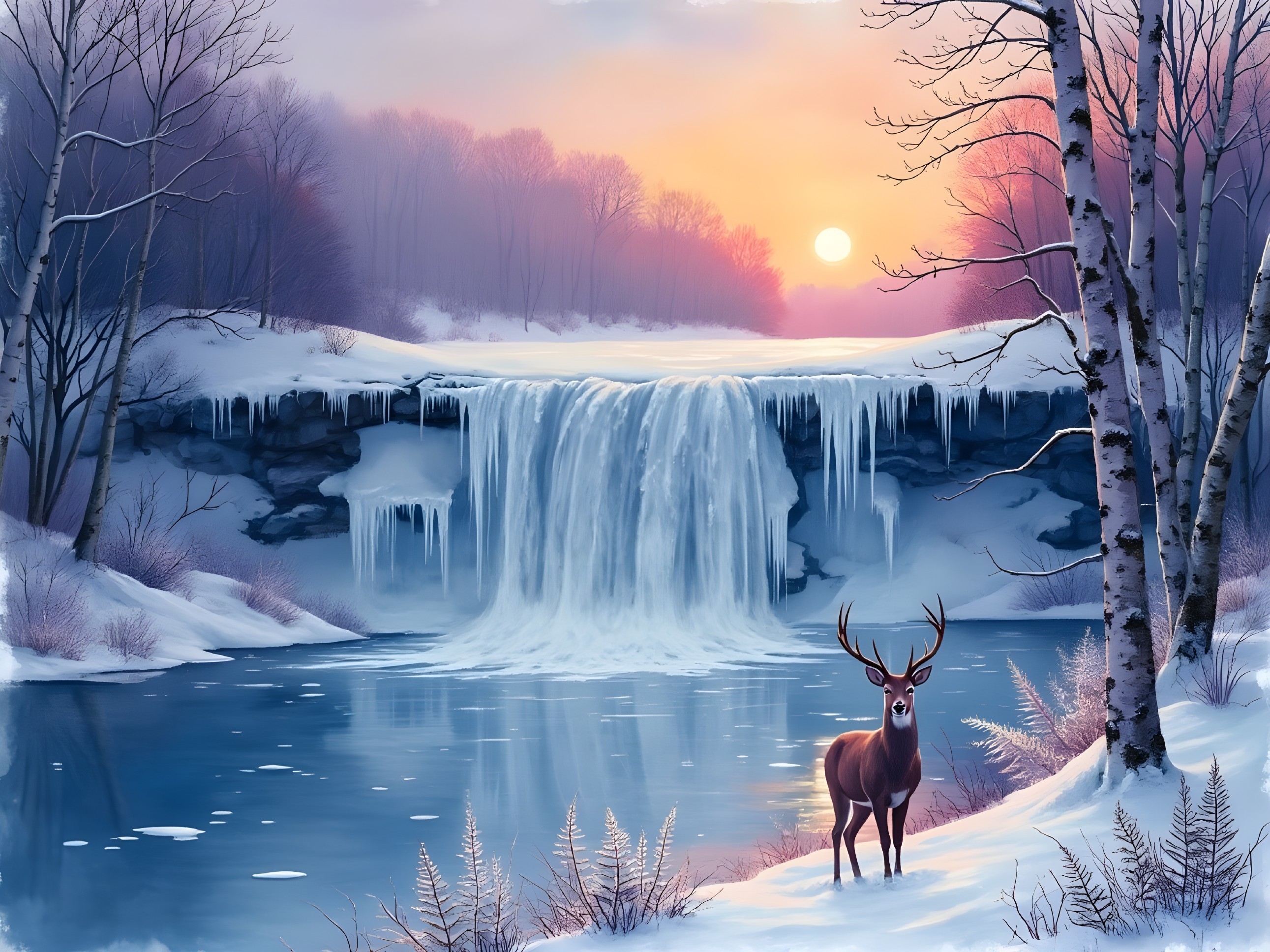 Frozen Waterfall in Serene Winter Landscape