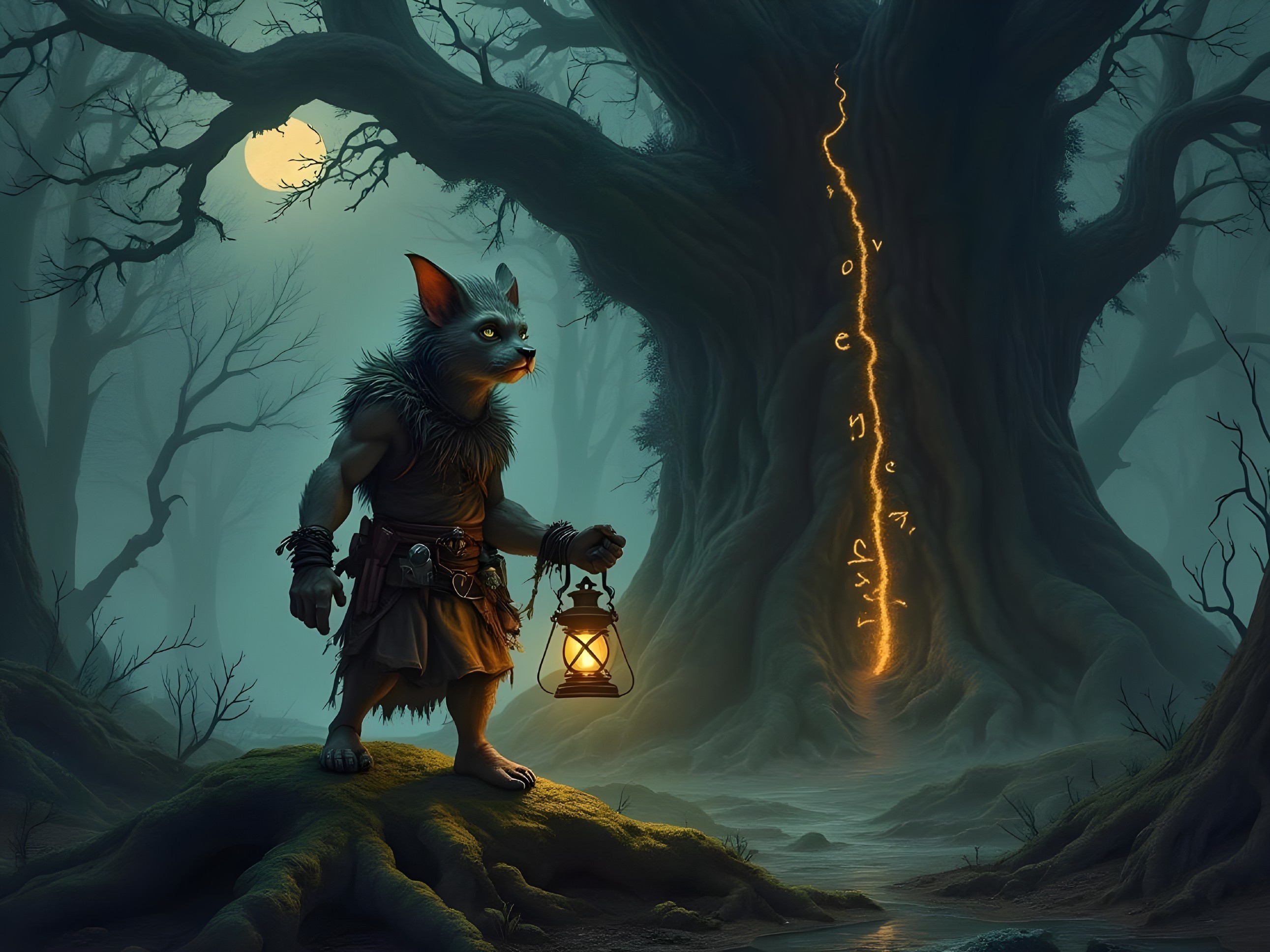 Humanoid Creature in Mystical Forest with Lantern