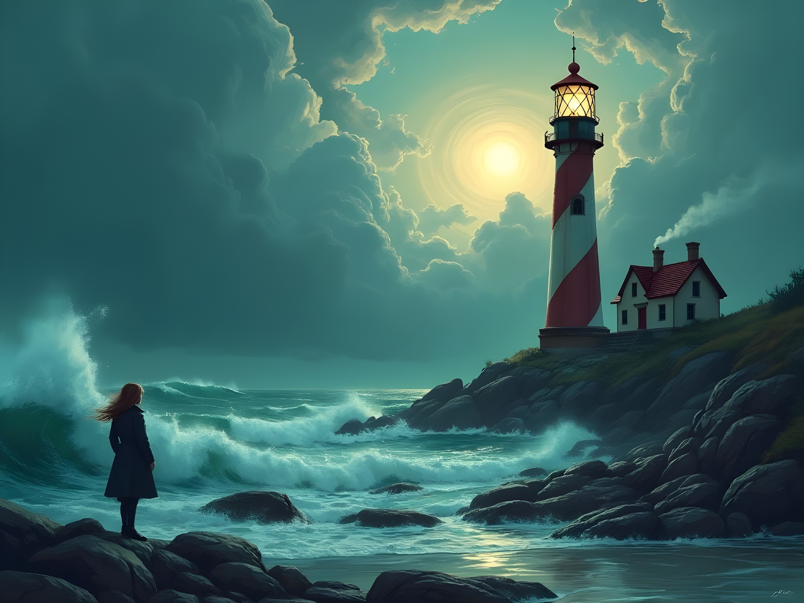 Coastal Scene with Lighthouse and Dramatic Skies