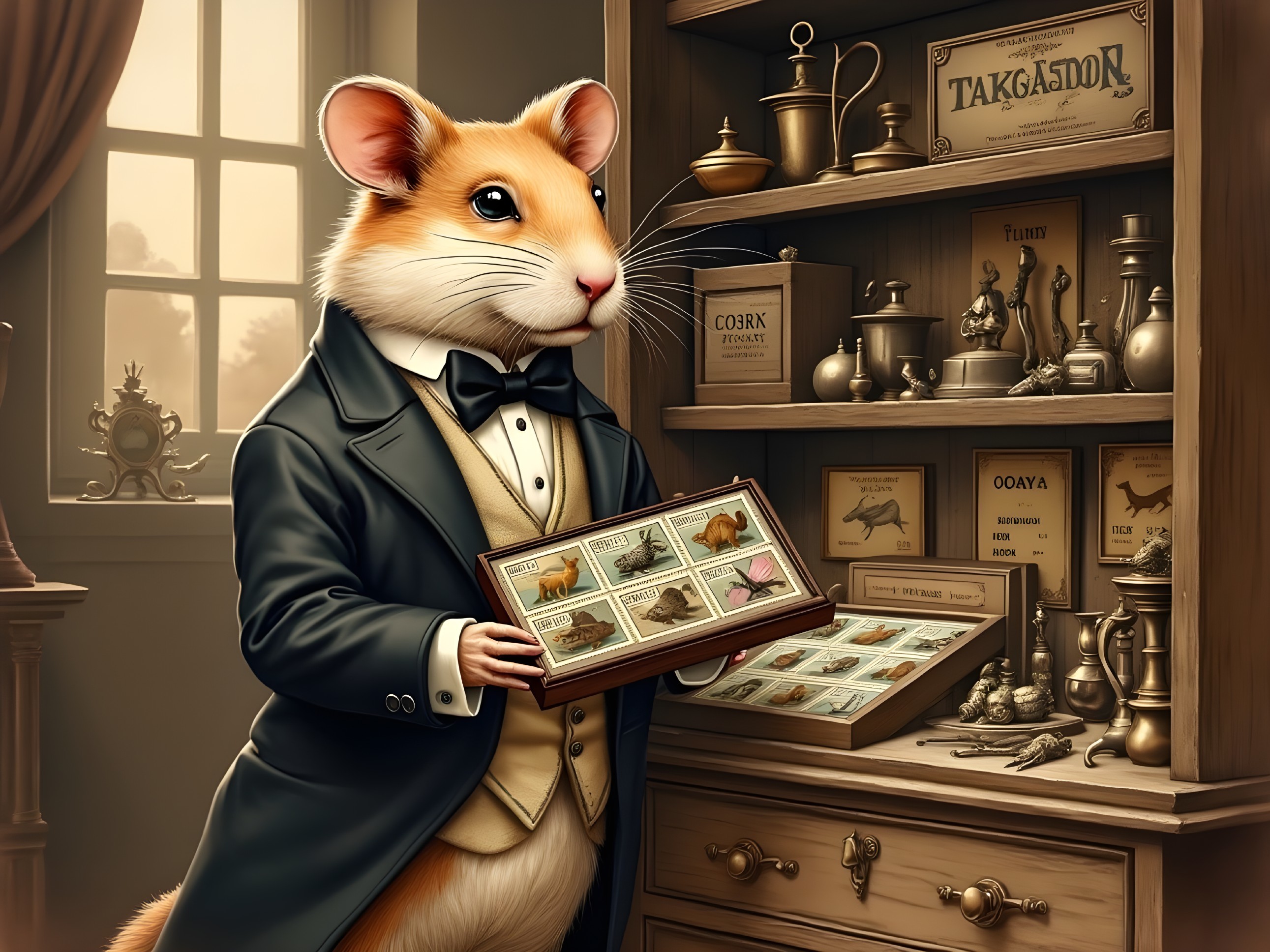 Dapper Hamster in Vintage Shop with Animal Illustrations
