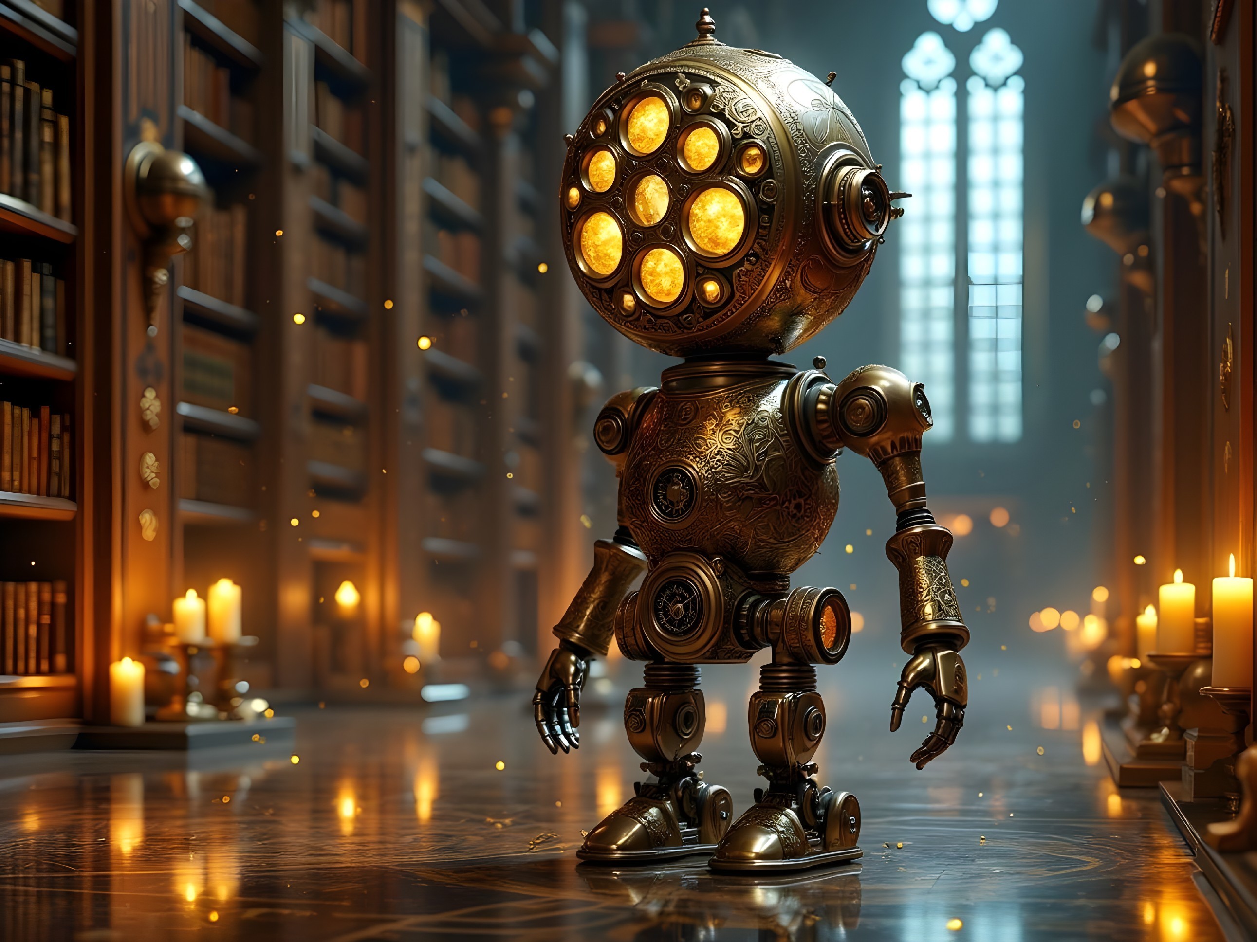 Whimsical Robot in Candlelit Library Setting