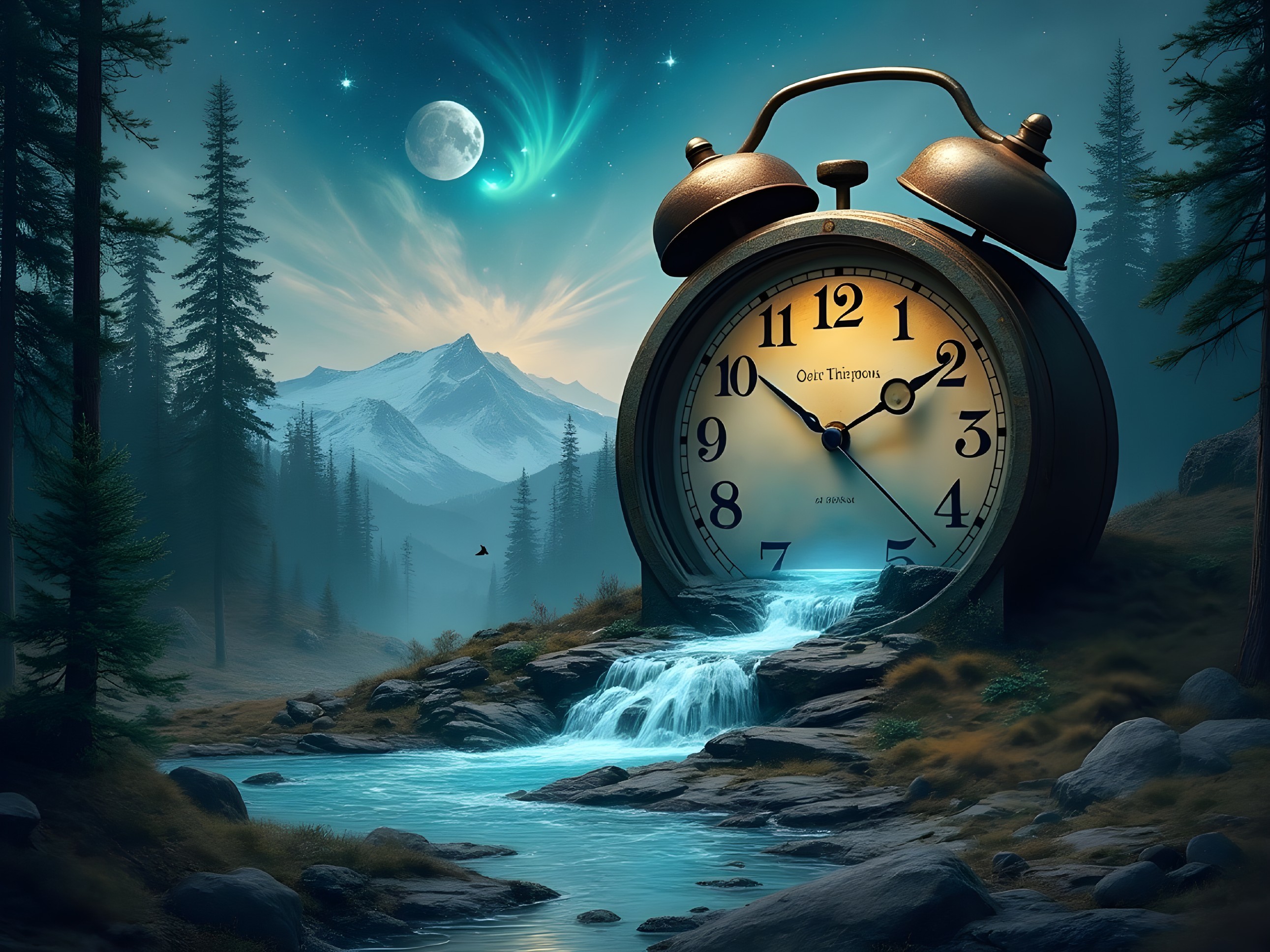 Surreal Landscape with Vintage Clock and Waterfall