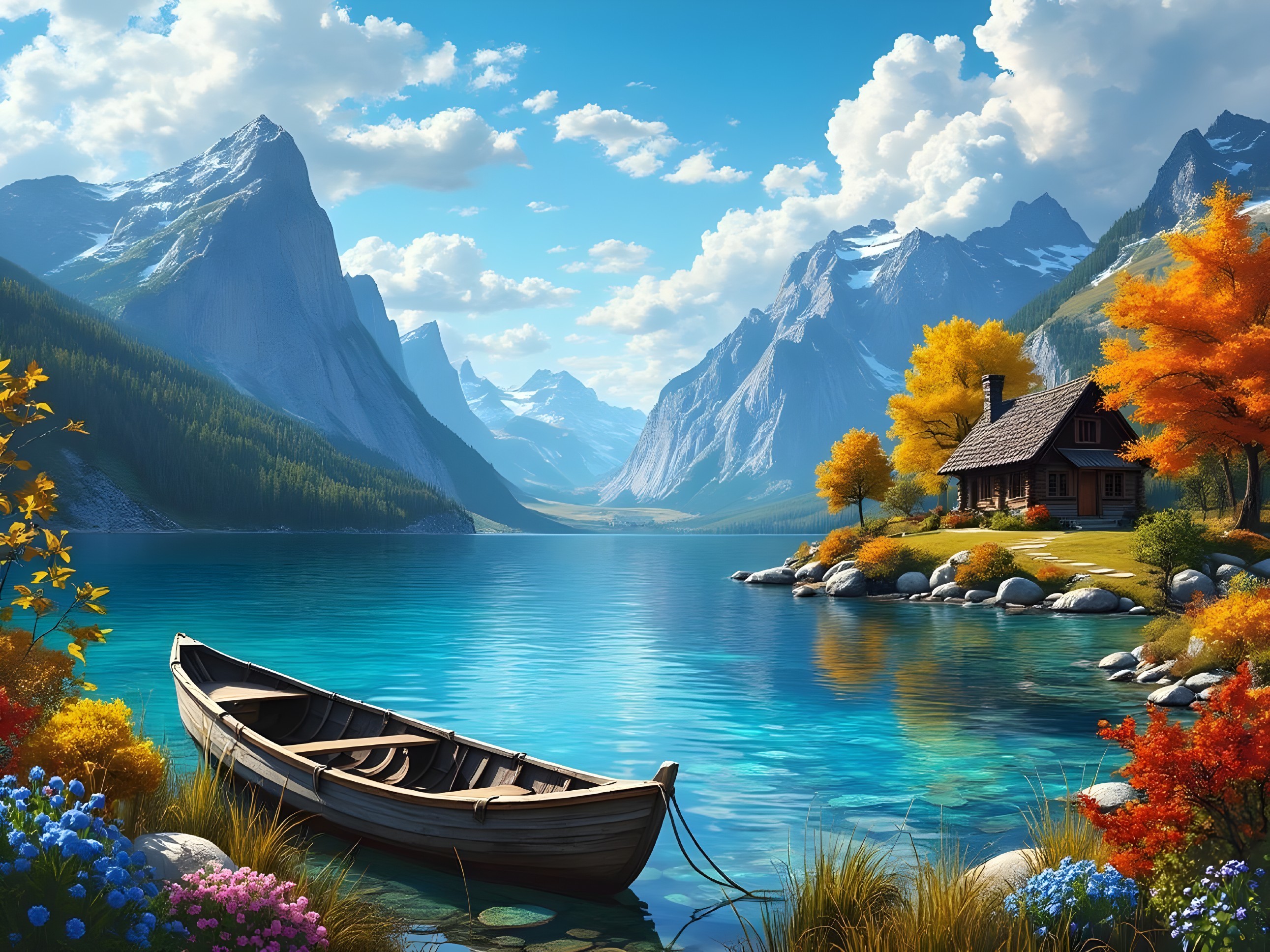 Serene Mountain Landscape with Tranquil Lake and Cabin