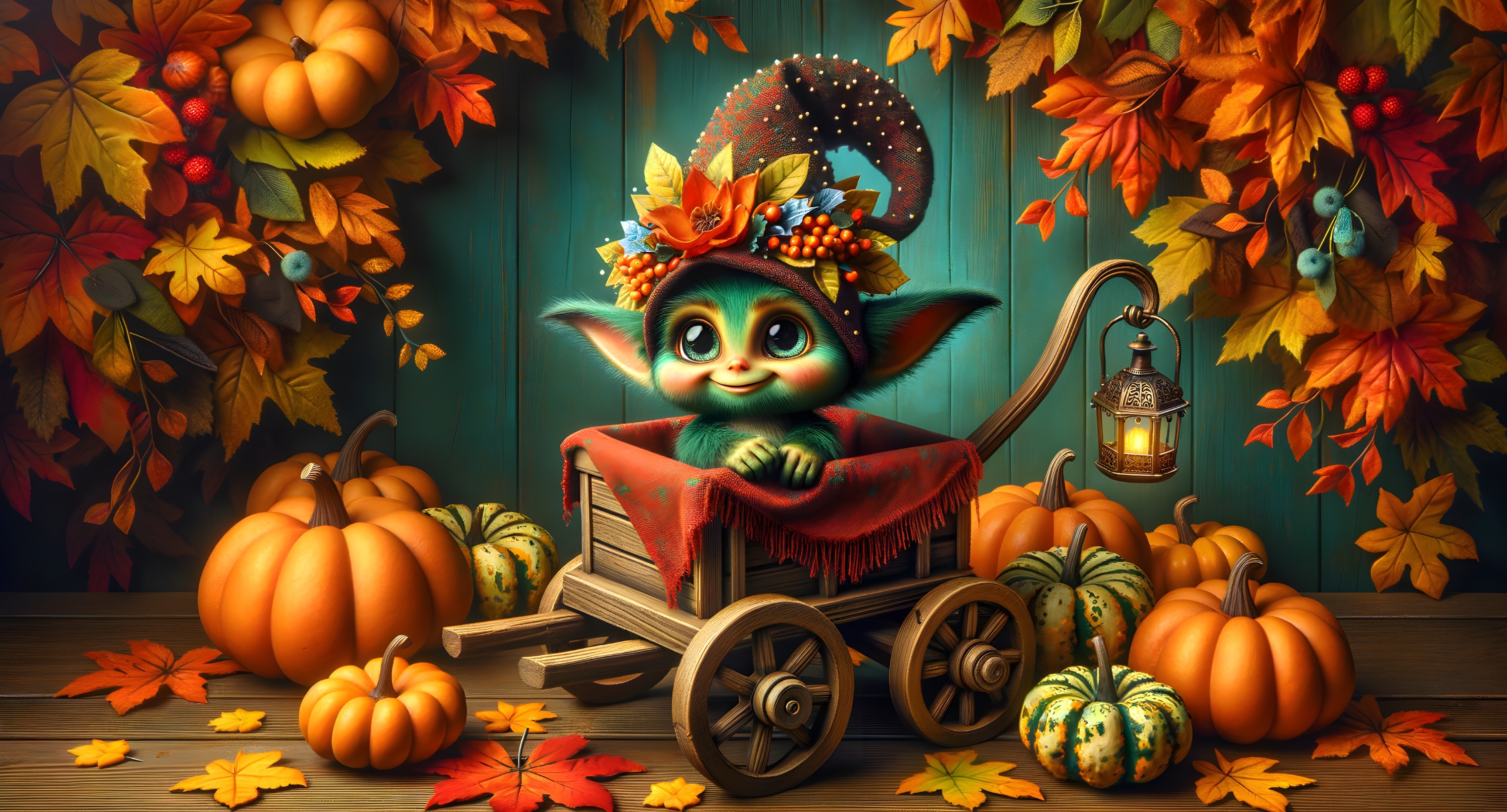 Whimsical creature in a floral cart with autumn decor