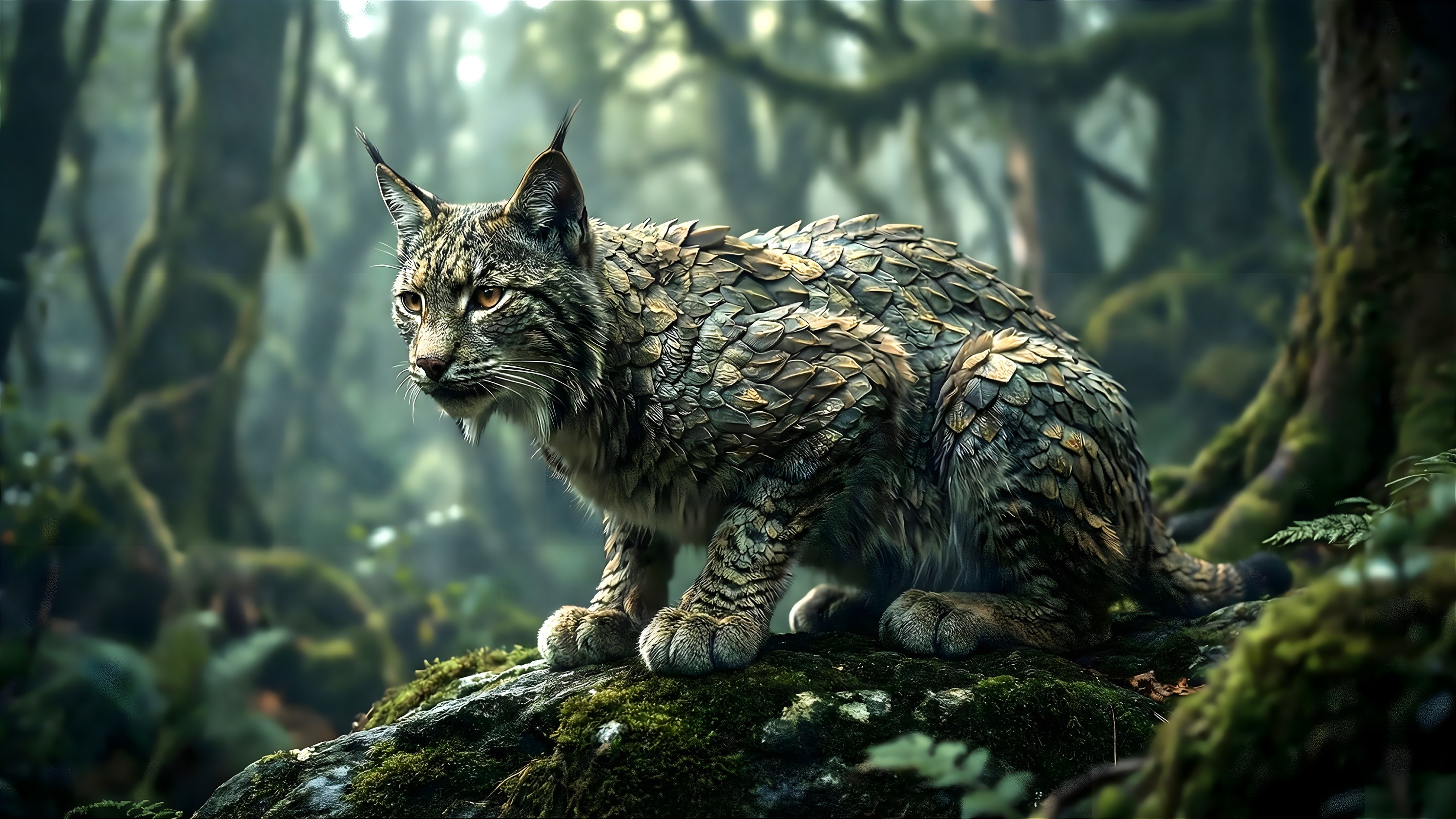 Furry Lynx with Scale-Like Fur in Lush Forest