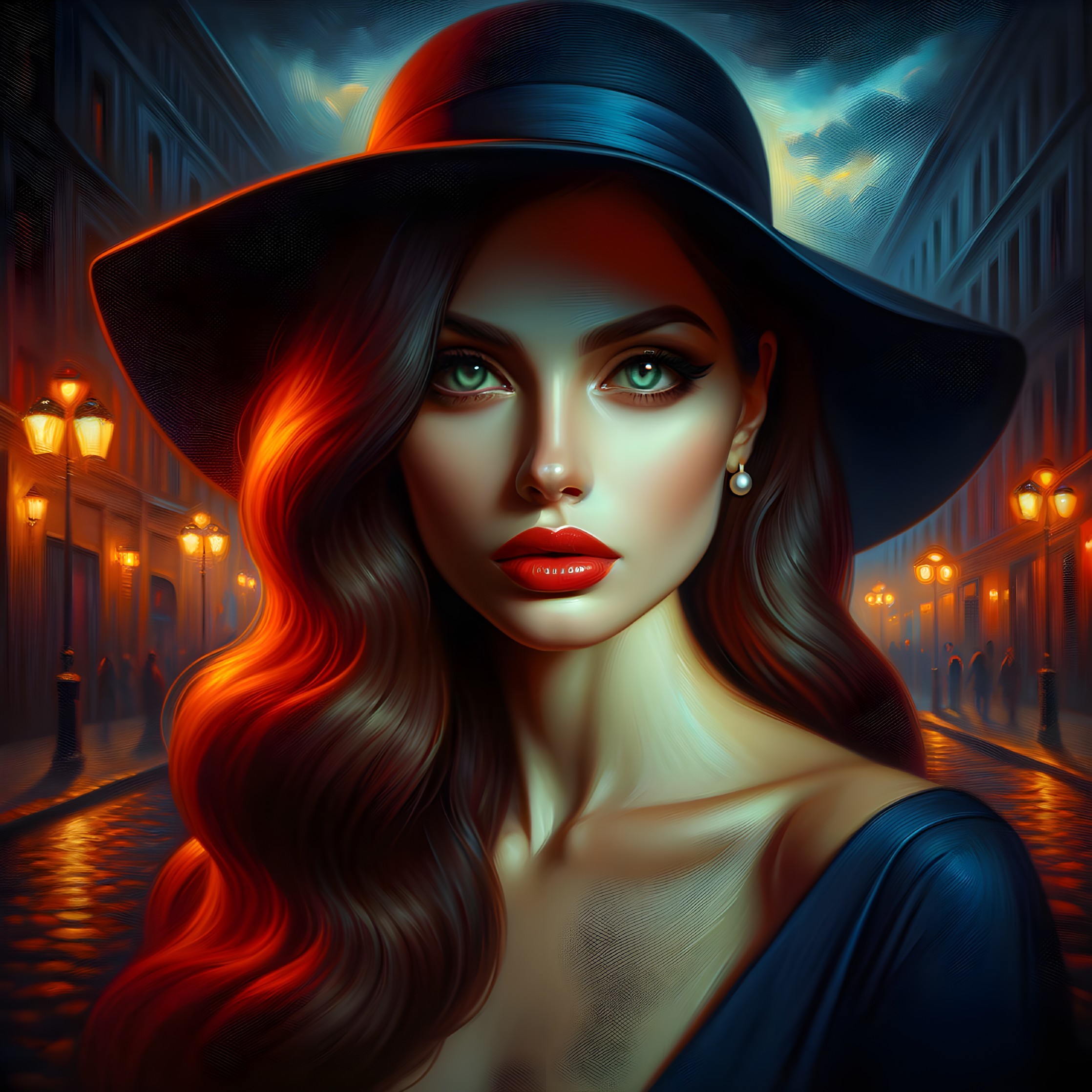 Woman in Wide-Brimmed Hat on Dimly Lit Street