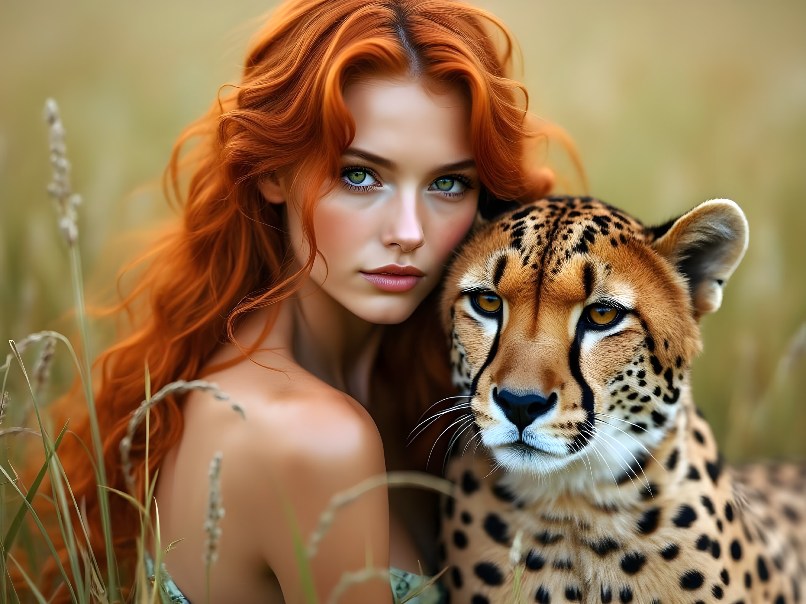 Young Woman with Cheetah in Tall Grass Setting