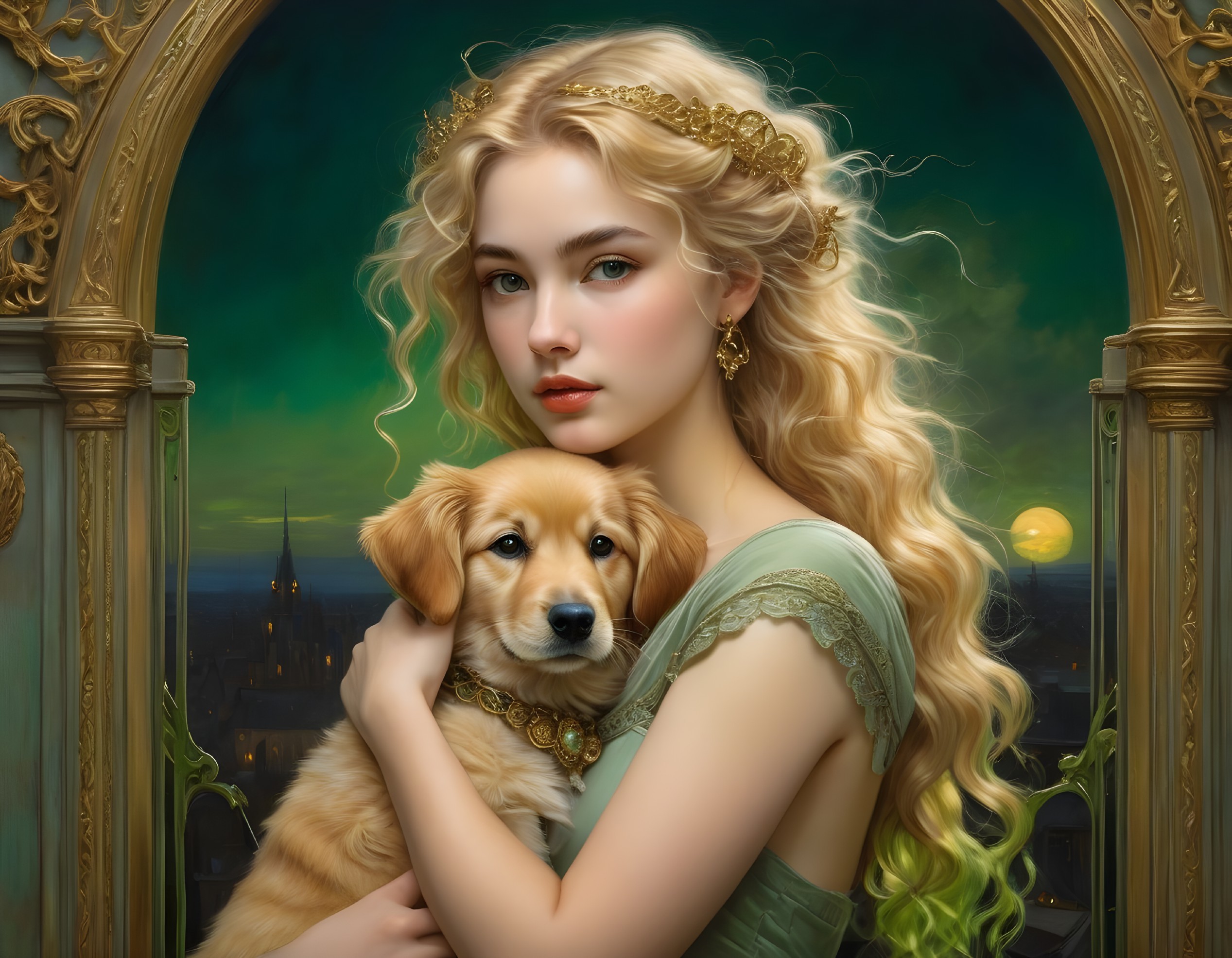 Woman with Blonde Hair and Puppy at Sunset Balcony
