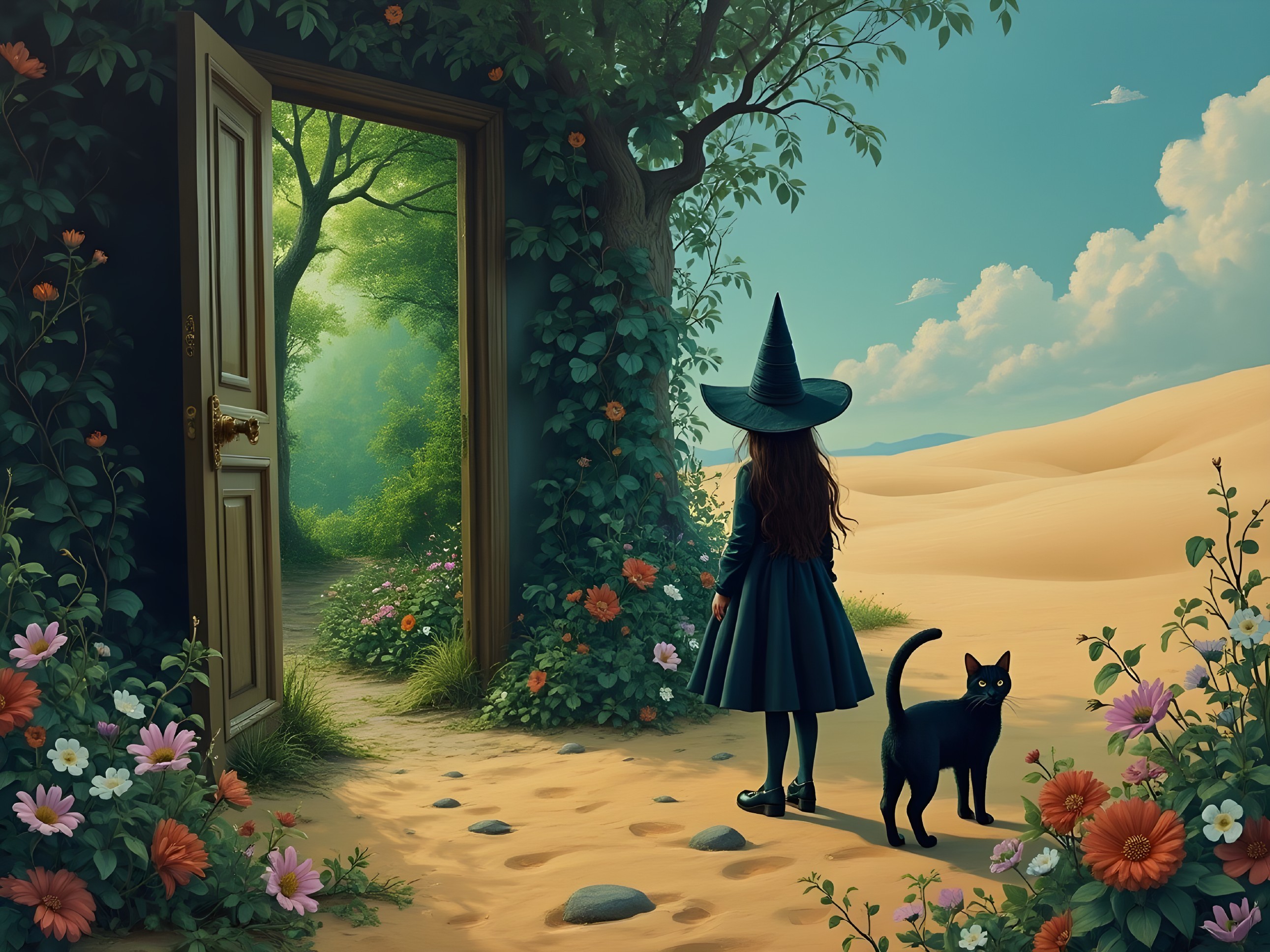 Young girl in witch's hat at ornate door to forest