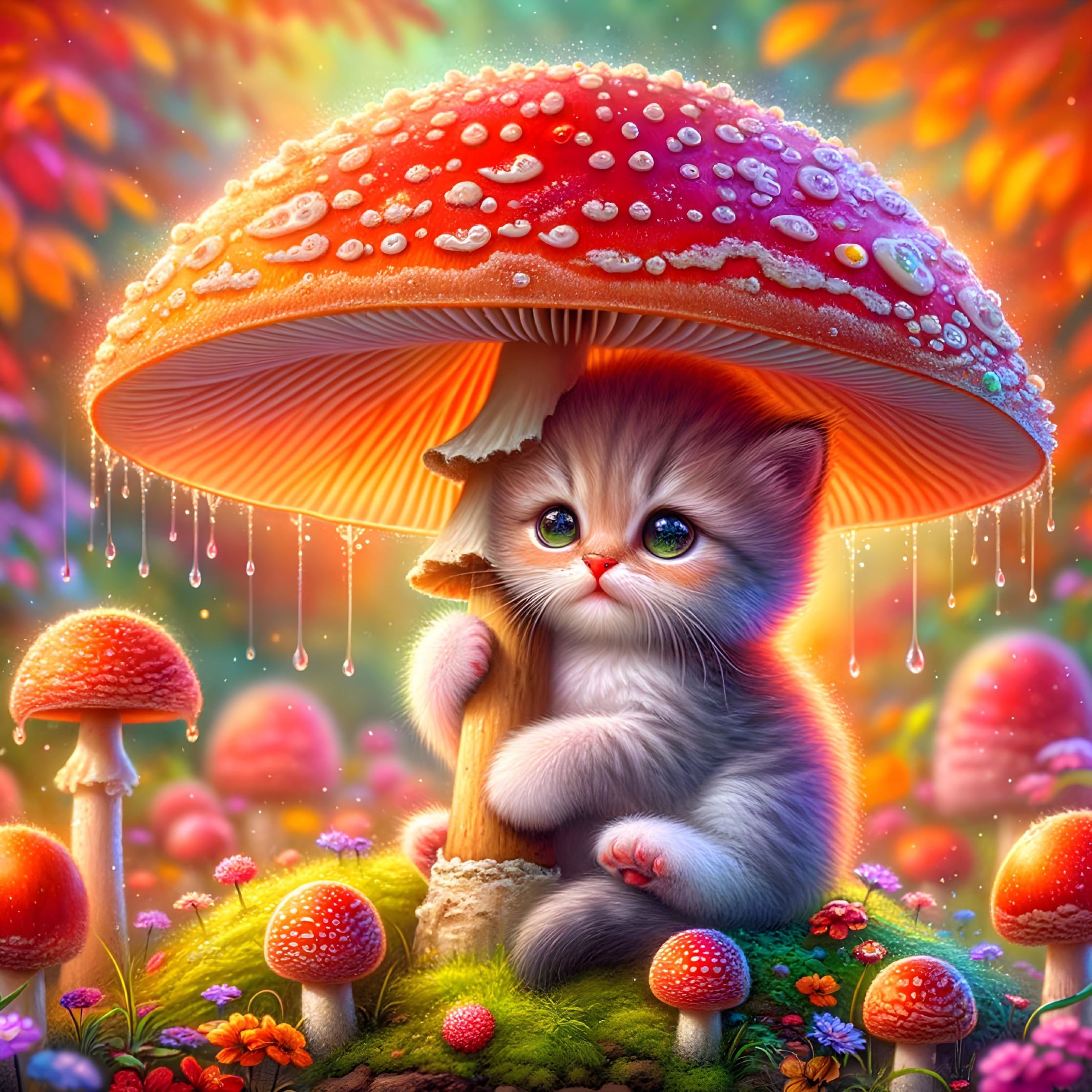 Charming Kitten Under Vibrant Red Mushroom Scene