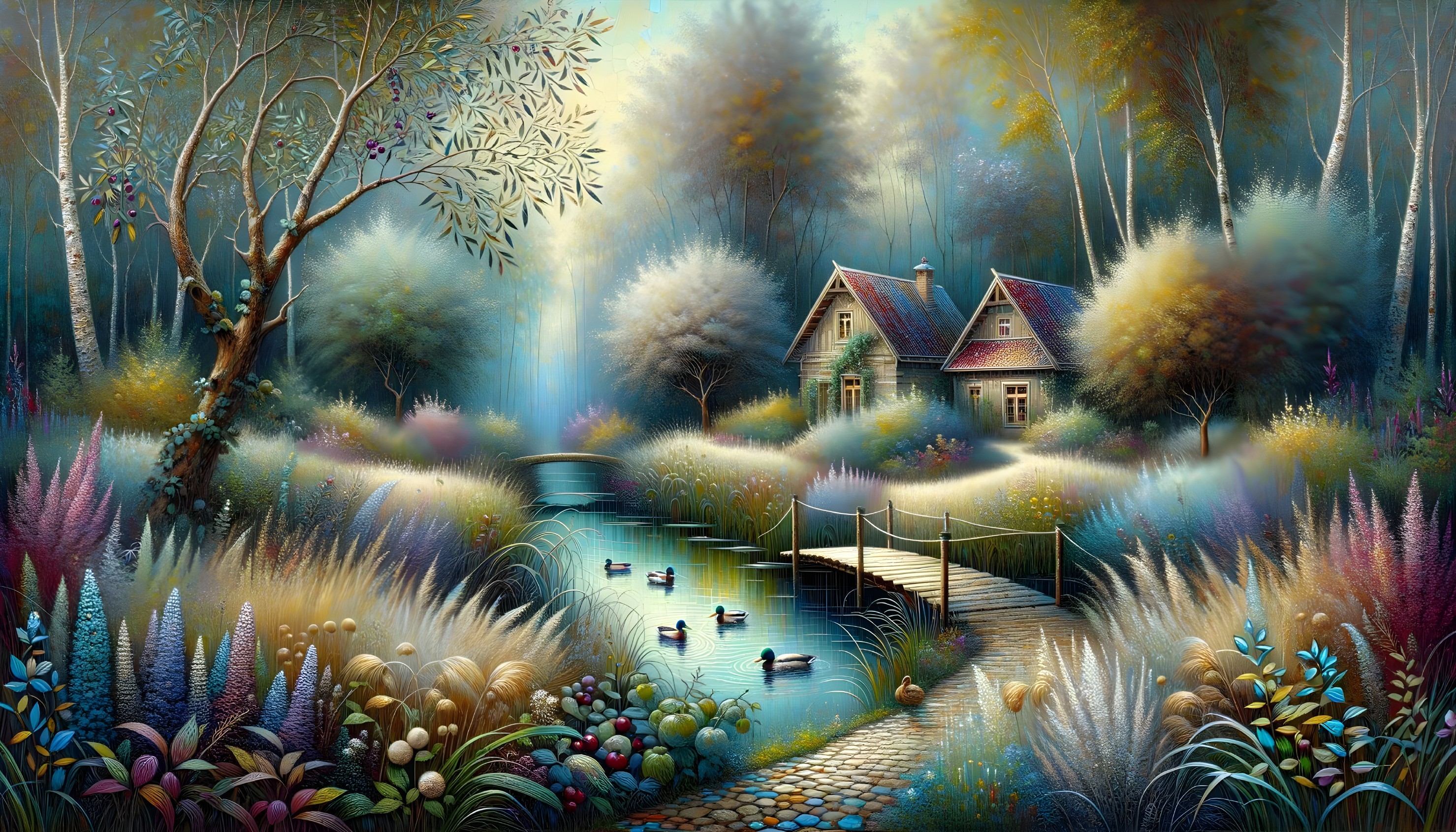 Picturesque House in Serene Landscape with Pond